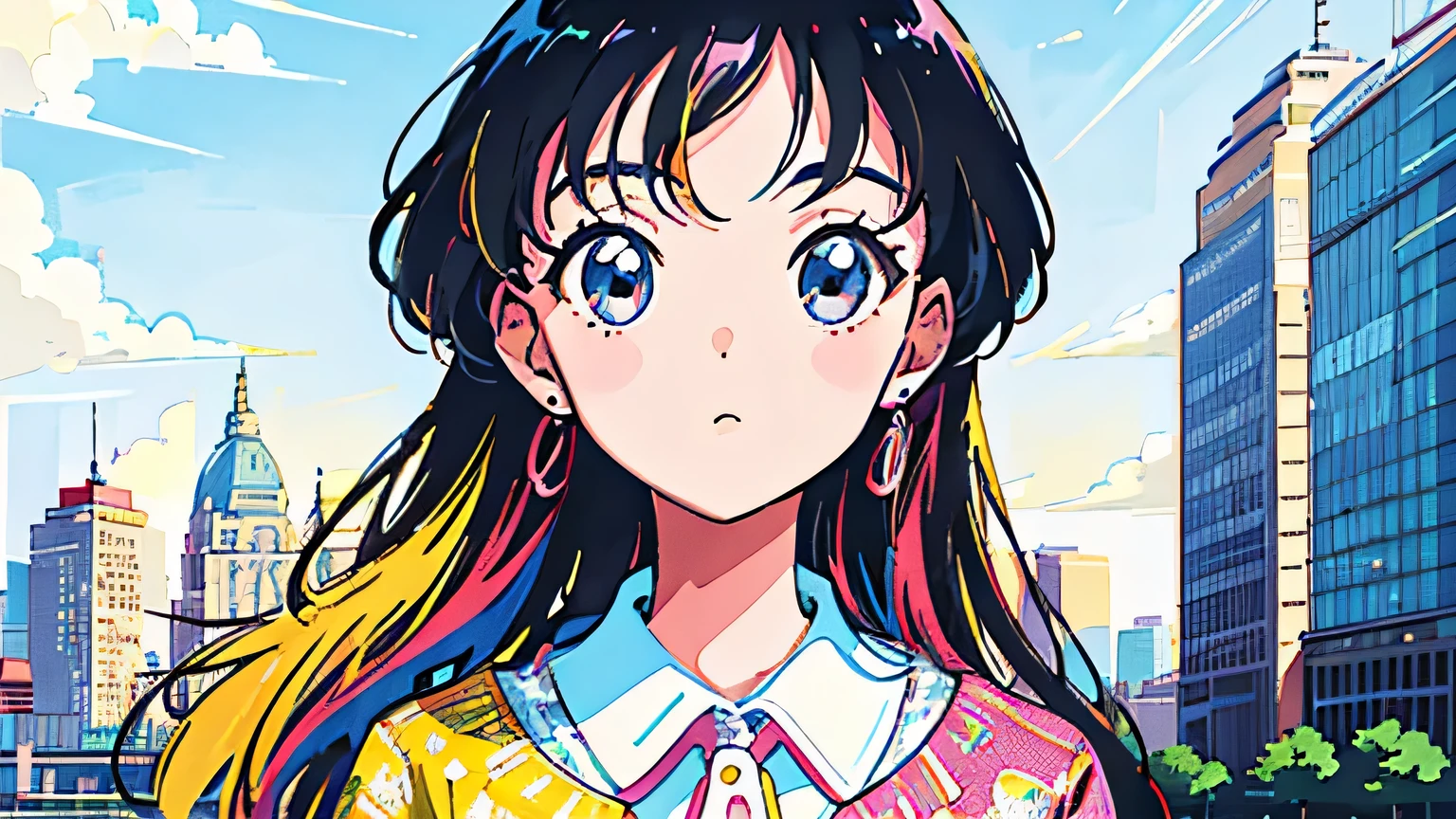 (flat color:0.9),(colorful:1.1),(masterpiece:1,2),retro,city pop, best quality, masterpiece, highres, original, extremely detailed wallpaper, looking at viewer,,,1girl,solo,Girl,Portrait