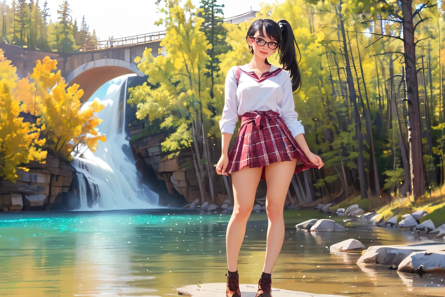 ((Wide angle, full body image)) Beautiful female tourist, black hair, ponytail, bangs, large glasses, smirk, ((wearing a preppy style outfit)), morning light, Athabasca Falls