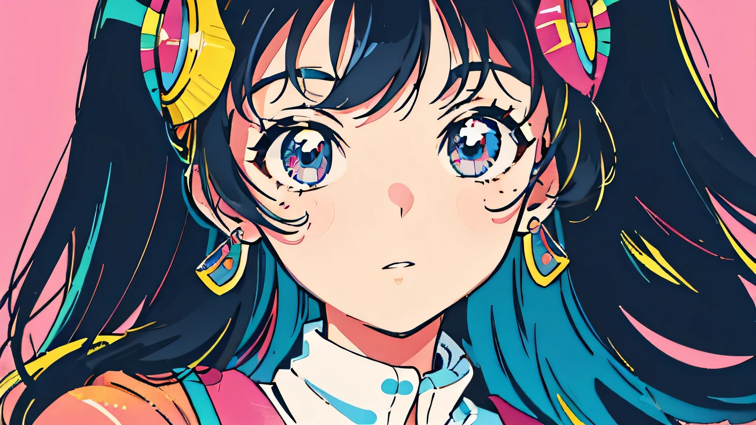 (flat color:0.9),(colorful:1.1),(masterpiece:1,2),retro,city pop, best quality, masterpiece, highres, original, extremely detailed wallpaper, looking at viewer,,,1girl,solo,Girl,Portrait