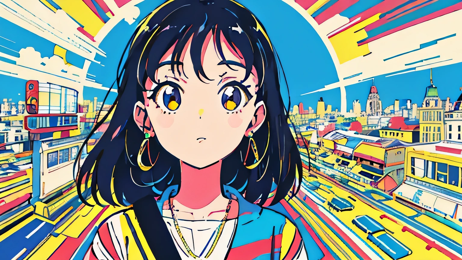 (flat color:0.9),(colorful:1.1),(masterpiece:1,2),retro,city pop, best quality, masterpiece, highres, original, extremely detailed wallpaper, looking at viewer,,,1girl,solo,Girl,Portrait