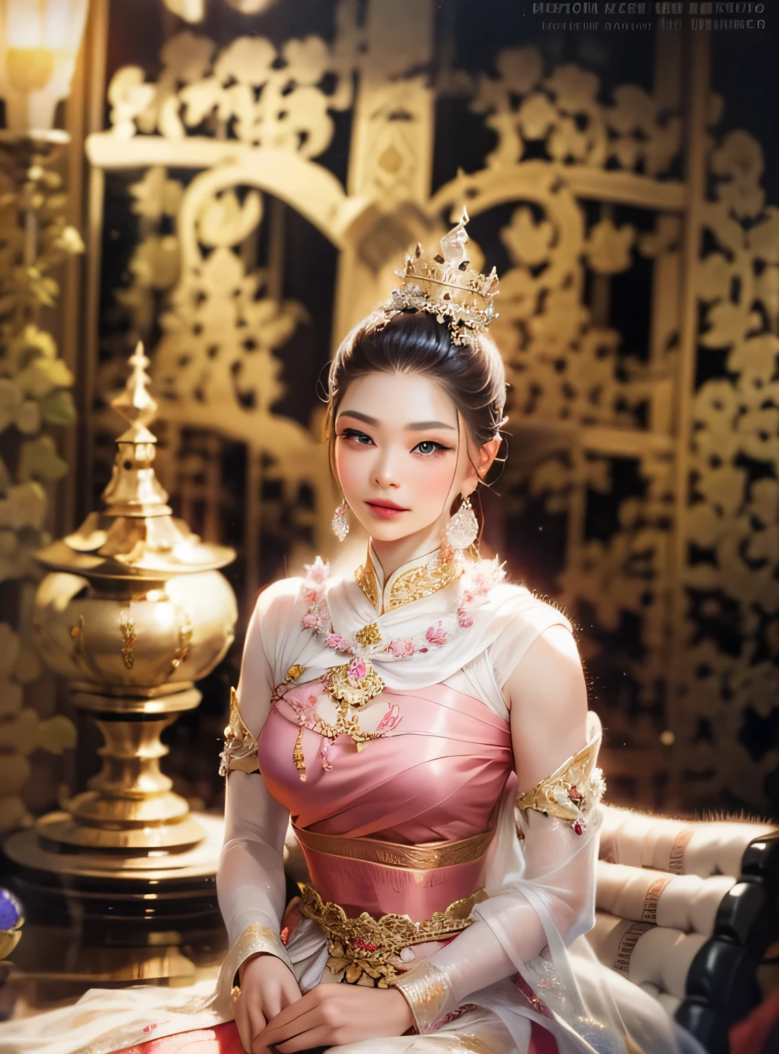 arafed woman in a pink dress sitting on a red couch, sukhothai costume, pink lotus queen, in style of thawan duchanee, traditional beauty, anime thai girl, traditional tai costume, traditional, royal elegant pose, tai costume, nivanh chanthara, thailand art, traditional dress, ancient asian dynasty princess, a beautiful fantasy empress