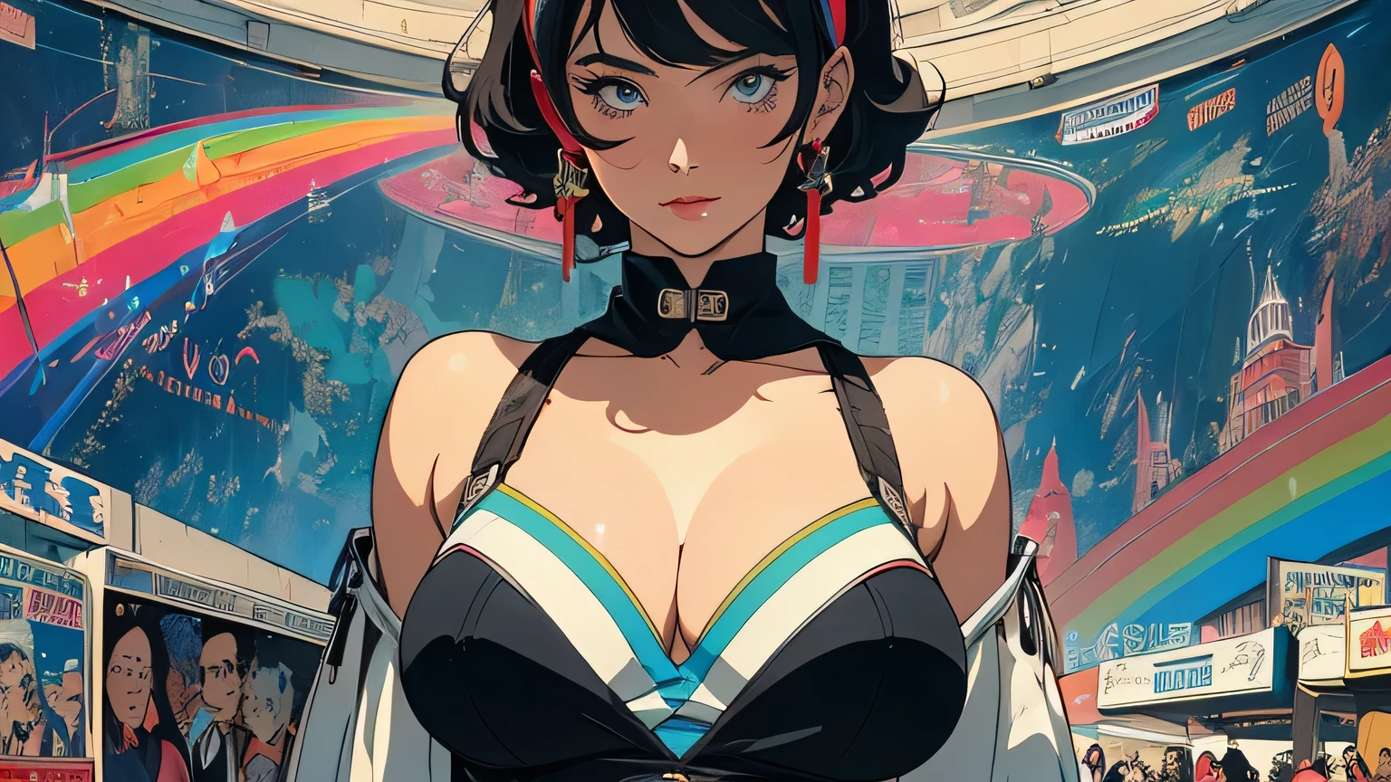 (masterpiece, highest quality), 32K,(highly detailed beautiful woman), poster,SF,1960s,1970s,bauhaus, shape, abstract,movie poster, vintage,retro,futuristic anime,ultimate map,highlight,extremely detailed rainbow-colored eyes,Emphasize cleavage,
