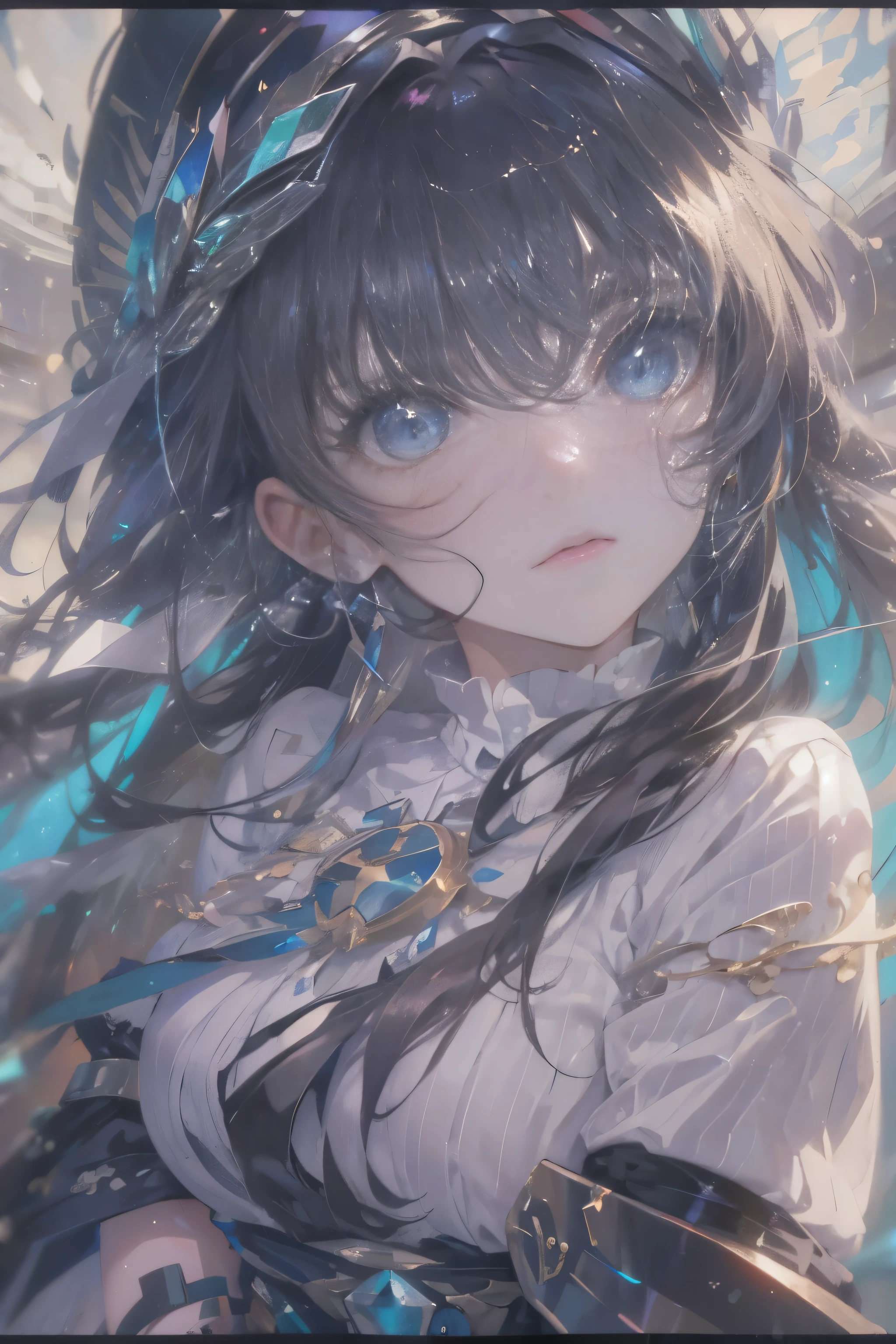 (best quality, masterpiece:1.2), black hair, blue eyed, look up, Upper body