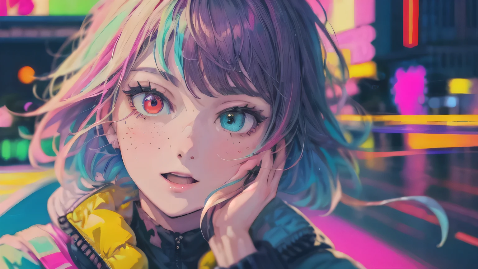 best quality, 4K wallpaper, masterpiece, extremely detailed CG unity 8k wallpaper, extremely detailed eyes, ultra-detailed, intricate details, face close up 1 happy smile shy girl in center, heterochromia, retro art style, neon pop abstract art style, public, highway road, lake, mountain, car