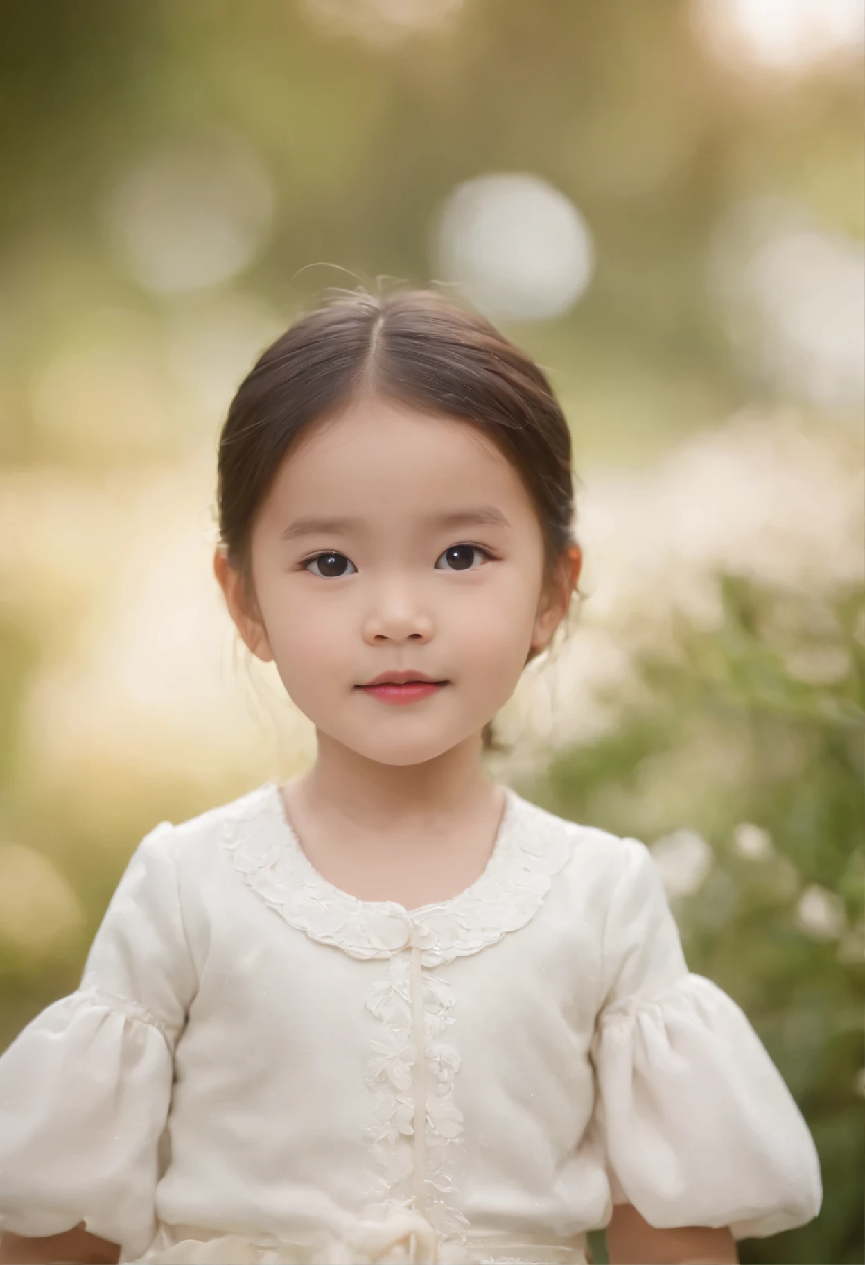 Chinese four-year-old daughter wears cardigan white dress,she is in the garden,HD resolution,Fuji handover,movie lighting effects,Her eyes are big and cute,it's beautiful,