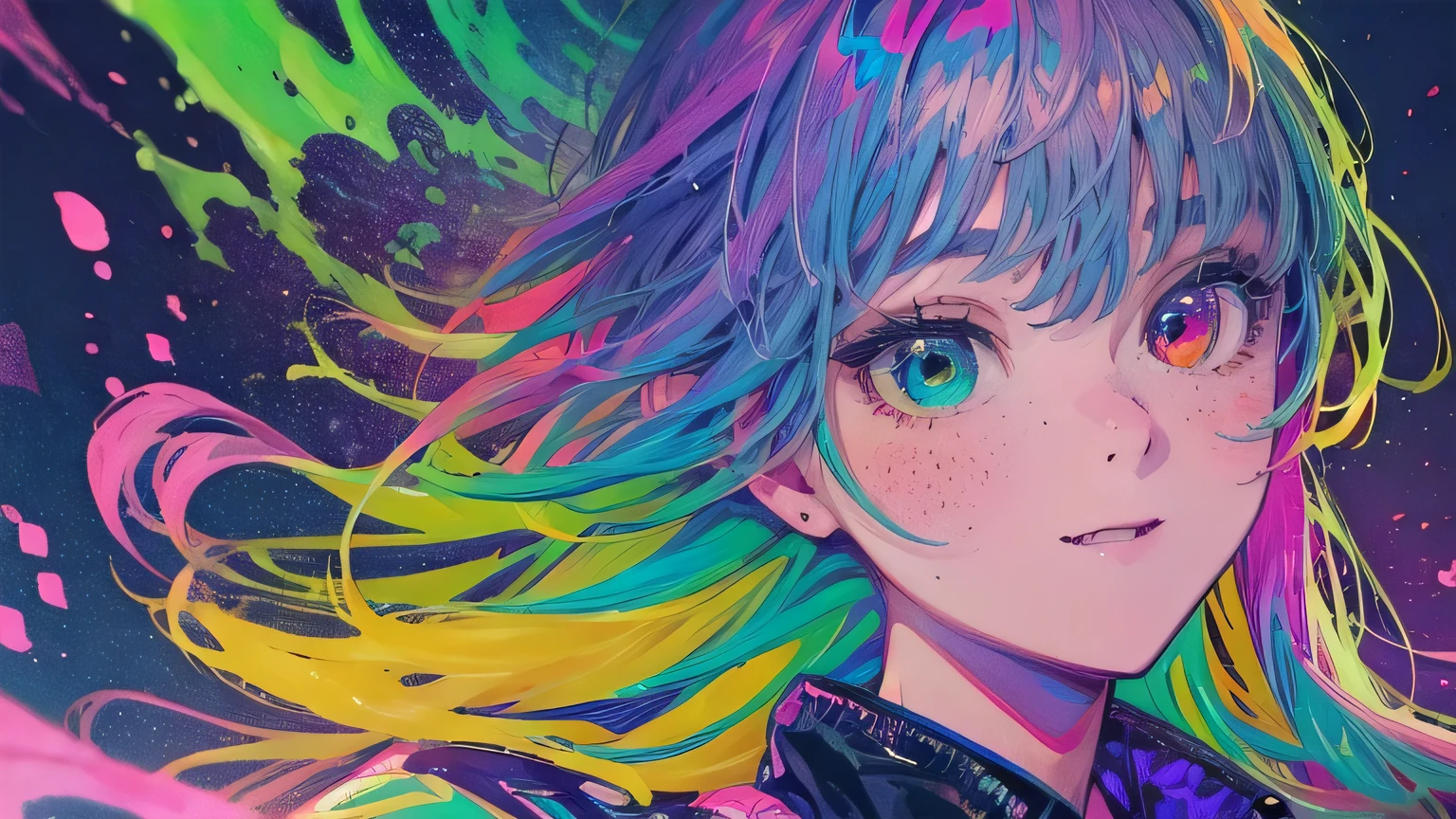 best quality, 4K wallpaper, masterpiece, extremely detailed CG unity 8k wallpaper, extremely detailed eyes, ultra-detailed, intricate details, face close up 1 happy smile shy girl in center, heterochromia, retro art style, neon pop abstract art style, public, highway road, lake, mountain, car