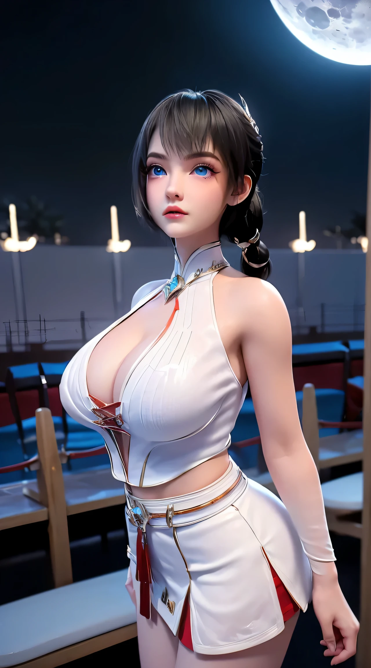 1 fair girl aged 20, (Wearing a thin transparent white skirt: 1.6), (reveal), jewelry made from gemstones, ((Hair tied up on both sides: 1.5)), Noble style, The aristocratic temperament of a very fair girl, very pretty face, thin eyebrows, fair flawless face, ((dark circles pupils: 0.8)), very fair eyes, ( (platinum blue eyes: 1.6 )), (((big eyes: 1.6))), Beautiful makeup and detailed hairstyle, eyelash, steam eye makeup, high nose, earrings, red lips, ( ( shut your mouth: 1.5)) fair lips, slender hands, The most fair thighs, ((Spread arms to both sides: 1.5)), rosy face, clean face, flawless fair face, 皮肤Light滑白皙, (big breasts: 1.5) ), ((high chest: 1.6)), firm breasts, nice cleavage, (((big round breasts: 1.8))), ((super firm breasts: 1.7)) , fair , Perfect body , back arm, exposed breasts, Thin black fishnet stockings with black lace trim, 8k photos, super high quality, surreal, super 10 x pixels, Light学的, bright studio , Light edge, two-tone Light, (High detail skin: 1.2), Ultra 8K , soft Light, high quality, volumetric Light, Light学的, high Light学的 resolution, Light, best photos, 4K, 8K quality, bokeh effect, smooth sharpness, 10 x pixels, ((Sea and moonLight on night background: 1.5)), 极Light, Lightning, Ultra-realistic graphics, The most realistic graphics, 1 girl, alone, alone, extremely sharp, surreal形象, ((Face the audience: 1.5)), (sitting)
