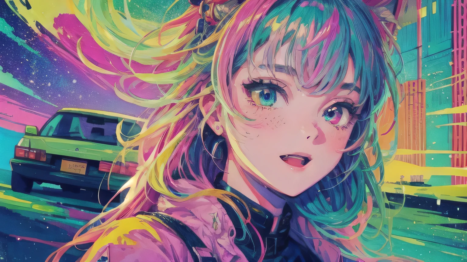 best quality, 4K wallpaper, masterpiece, extremely detailed CG unity 8k wallpaper, extremely detailed eyes, ultra-detailed, intricate details, face close up 1 happy smile shy girl in center, heterochromia, retro art style, neon pop abstract art style, public, highway road, lake, mountain, car