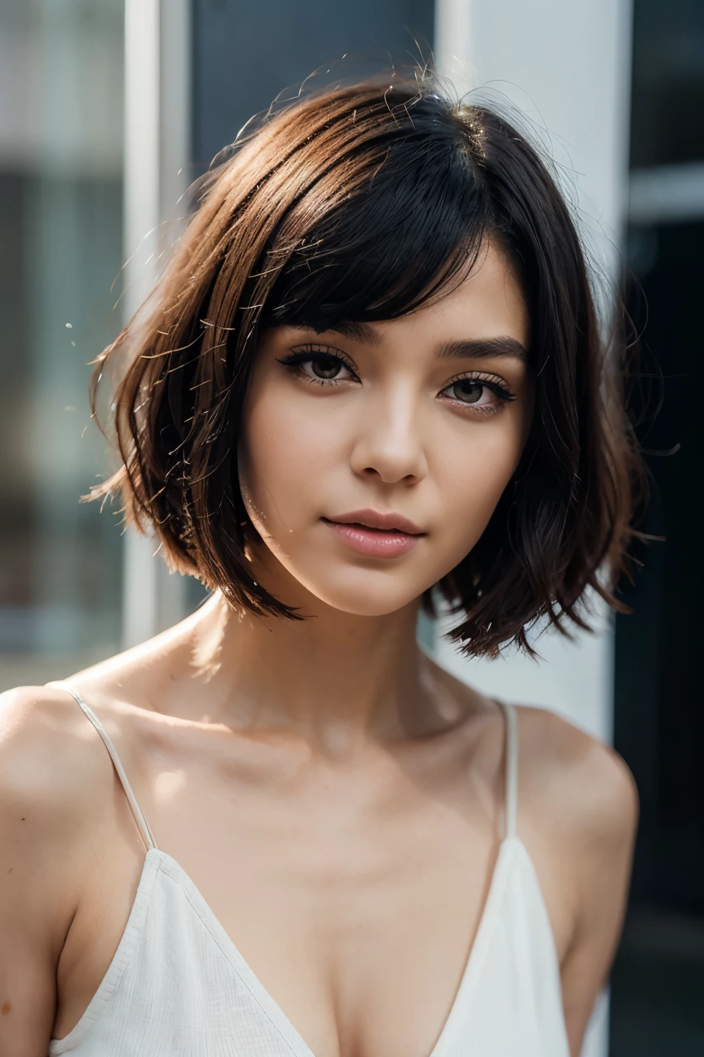 beautiful girl with black Asian hair, medium bob haircut, curly hair, sexy, pale skin, very realistic. high detailed eyes, high quality picture. space, galaxy, universe