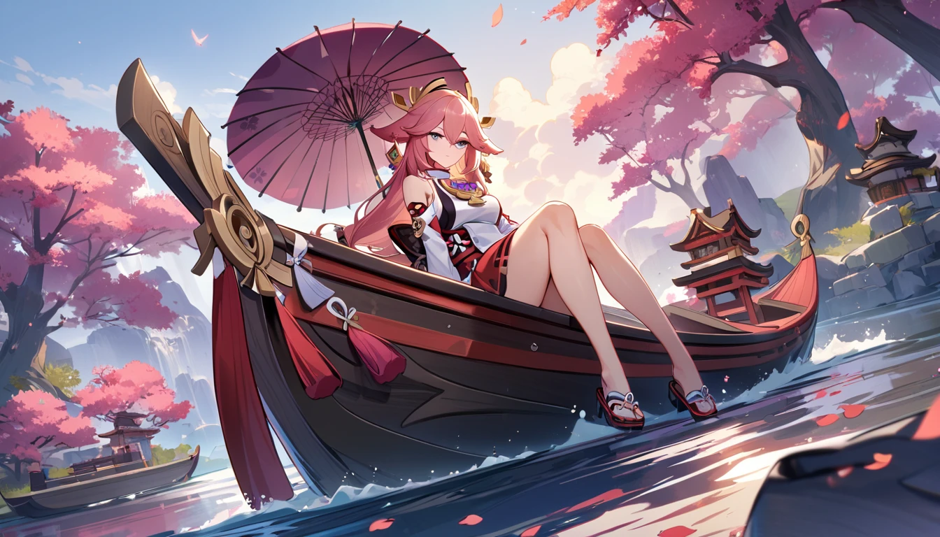 1girl, Yae Miko, Genshin Impact, sit on boat, parasol, lake, Ultra-Wide Angle, masterpiece, best quality, perfect composition, very aesthetic, ultra-detailed, intricate details