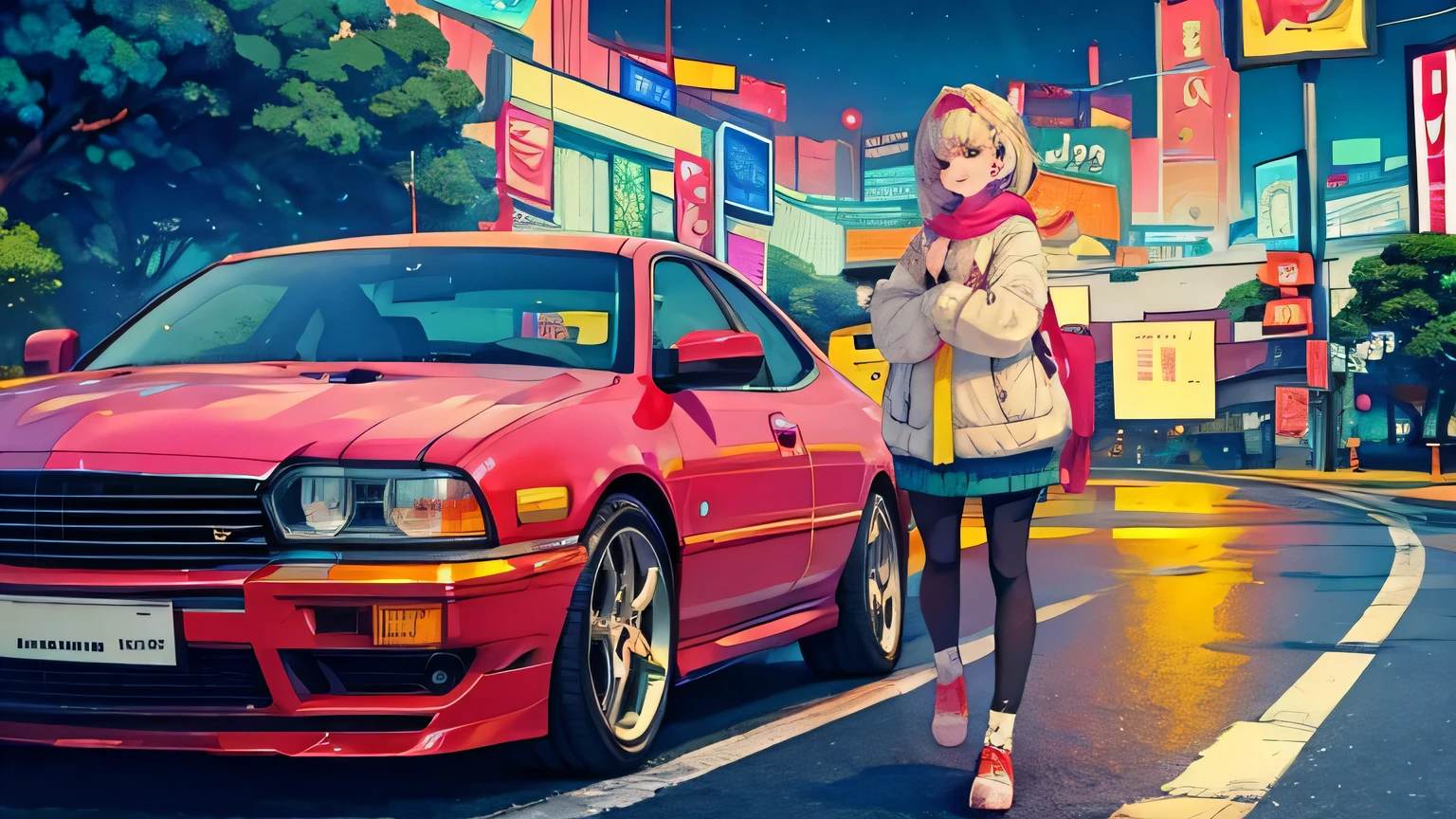 best quality, 4K wallpaper, masterpiece, extremely detailed CG unity 8k wallpaper, extremely detailed eyes, ultra-detailed, intricate details, face close up 1 happy smile shy girl in center, heterochromia, retro art style, neon pop abstract art style, public, highway road, lake, mountain, car