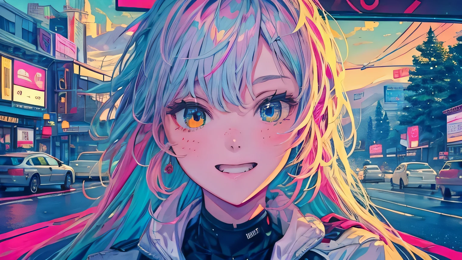 best quality, 4K wallpaper, masterpiece, extremely detailed CG unity 8k wallpaper, extremely detailed eyes, ultra-detailed, intricate details, face close up 1 happy smile shy girl in center, heterochromia, retro art style, neon pop abstract art style, public, highway road, lake, mountain, car