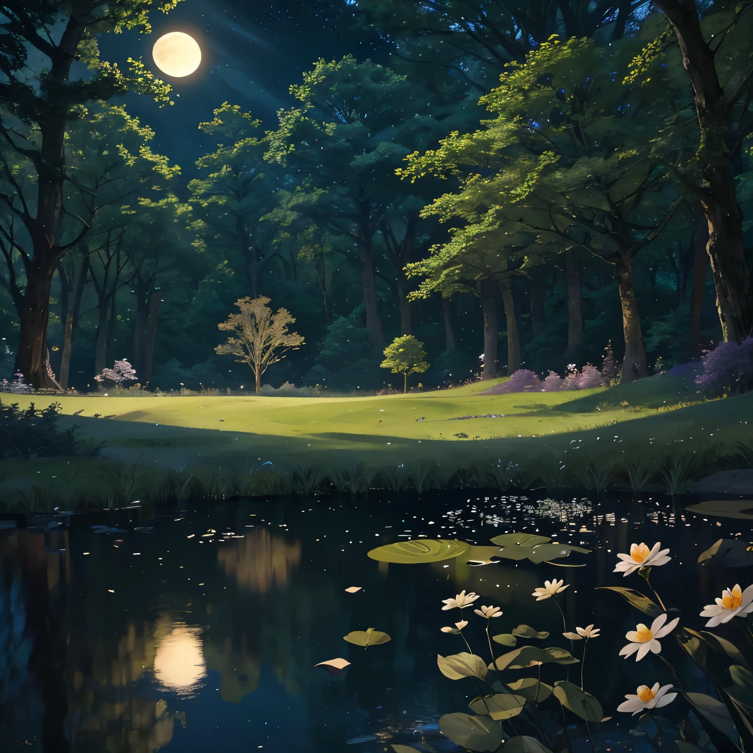 Beautiful forest scene with insects, flowers, Moon, wind, lake and meadow. Ultra-detailed, Realistic, 8K rendering. Vibrant colors of the forest and the insects contrast against the soft, muted tones of the moonlit scene. The wind gently rustles the leaves, creating dynamic light and shadow effects. The lake mirrors the tranquil forest above, and the meadow is filled with delicate, open flowers. The insects are intricately detailed, showcasing their unique textures and patterns. HDR and UHD enhance the depth and richness of the colors. The scene exudes a peaceful, atmospheric feeling.