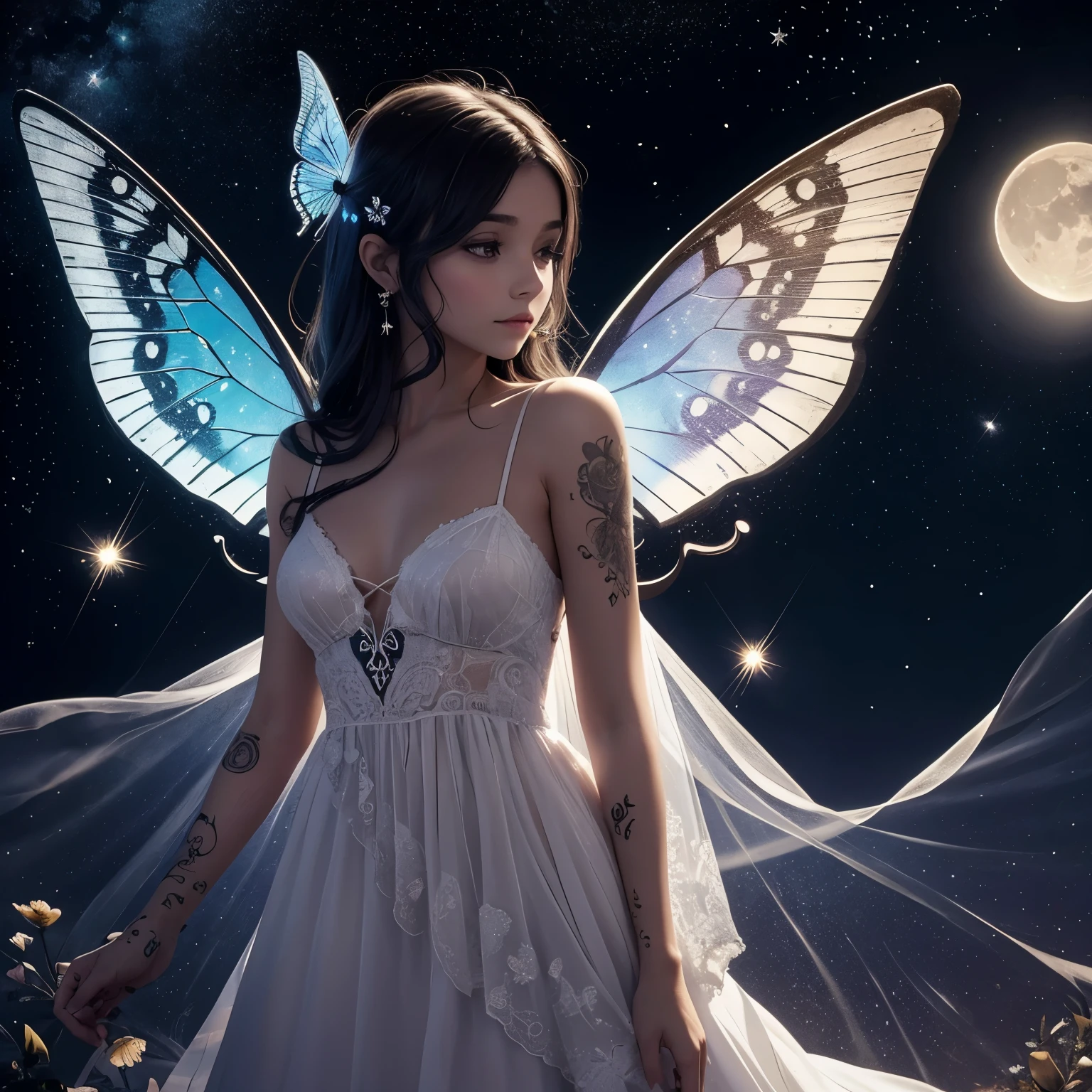 imagina un boceto de tatuaje para la nuca dedos elegantes mariposas con las alas desplegadas, rodeadas por Saturno, el sol y la luna, con algunas estrellas dispersas a su alrededor. The falling ink effect will give you an artistic and unique touch.