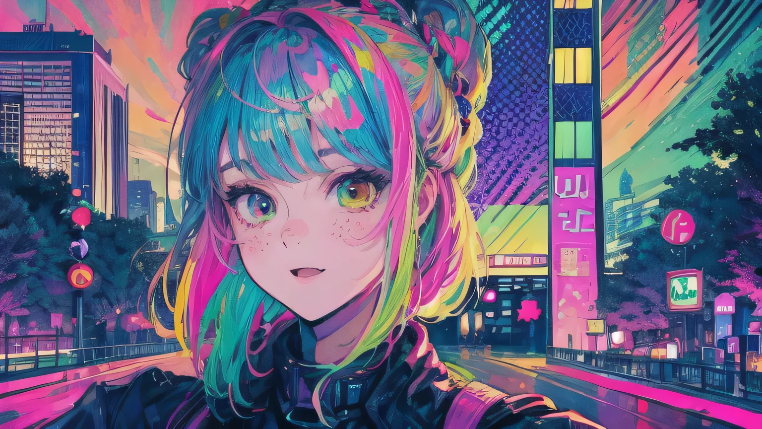 best quality, 4K wallpaper, masterpiece, extremely detailed CG unity 8k wallpaper, extremely detailed eyes, ultra-detailed, intricate details, face close up 1 happy smile shy girl in center, heterochromia, retro art style, neon pop abstract art style, public, highway road, lake, mountain, car