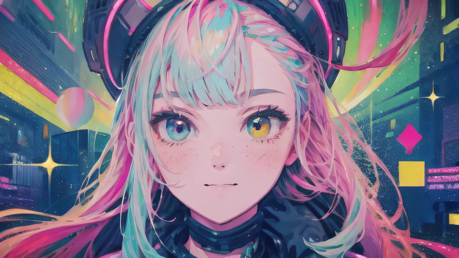 best quality, 4K wallpaper, masterpiece, extremely detailed CG unity 8k wallpaper, extremely detailed eyes, ultra-detailed, intricate details, face close up 1 happy smile shy girl in center, heterochromia, retro art style, neon pop abstract art style, public, highway road, lake, mountain, car