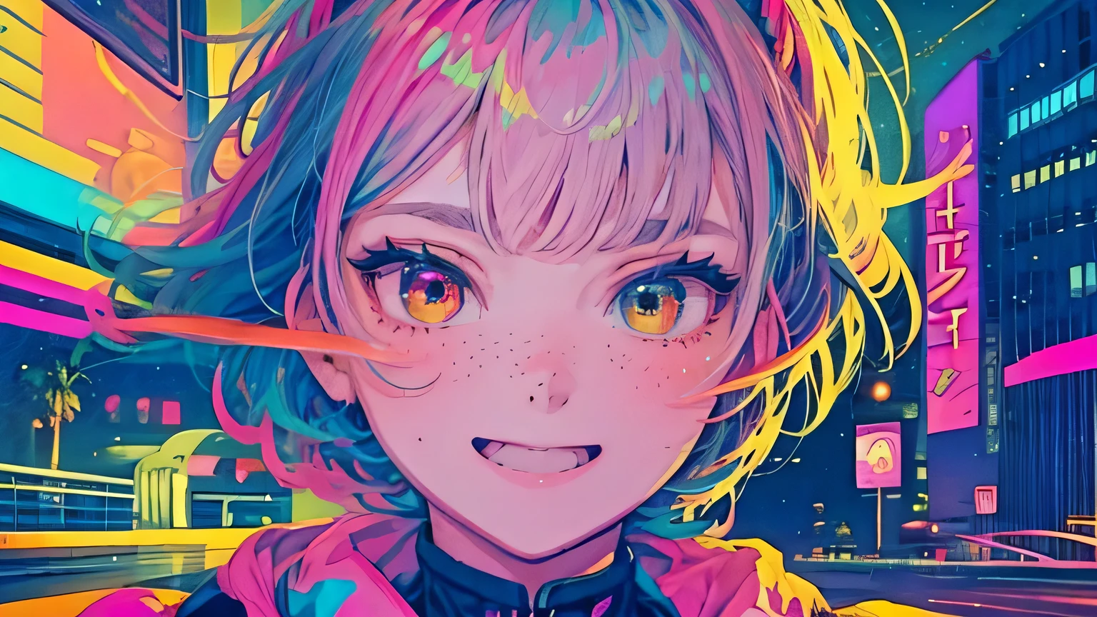 best quality, 4K wallpaper, masterpiece, extremely detailed CG unity 8k wallpaper, extremely detailed eyes, ultra-detailed, intricate details, face close up 1 happy smile shy girl in center, heterochromia, retro art style, neon pop abstract art style, public, highway road, lake, mountain, car