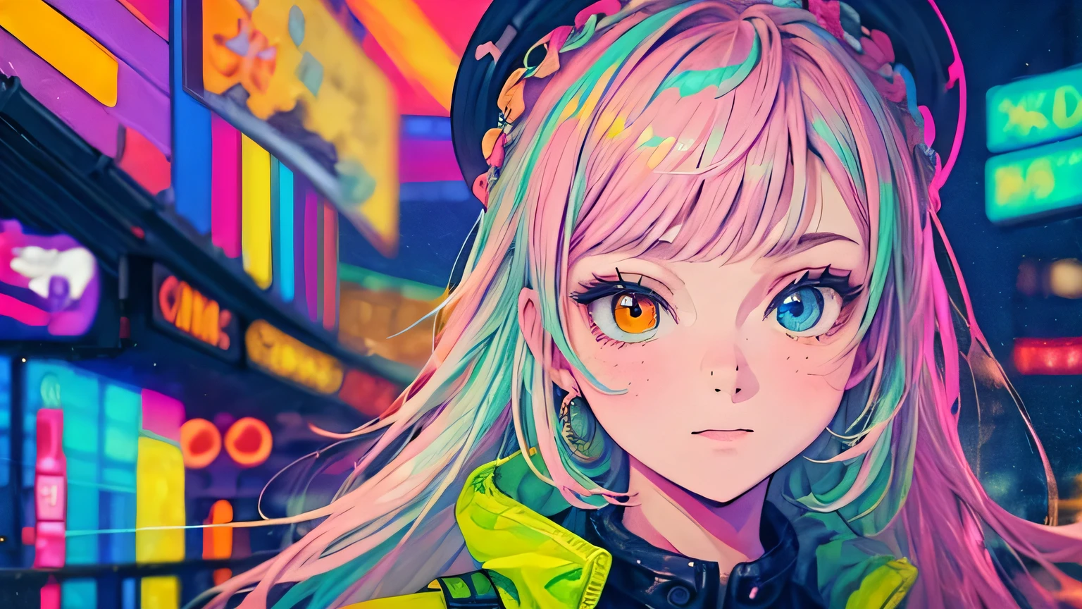 best quality, 4K wallpaper, masterpiece, extremely detailed CG unity 8k wallpaper, extremely detailed eyes, ultra-detailed, intricate details, face close up 1 happy smile shy girl in center, heterochromia, retro art style, neon pop abstract art style, public, highway road, lake, mountain, car