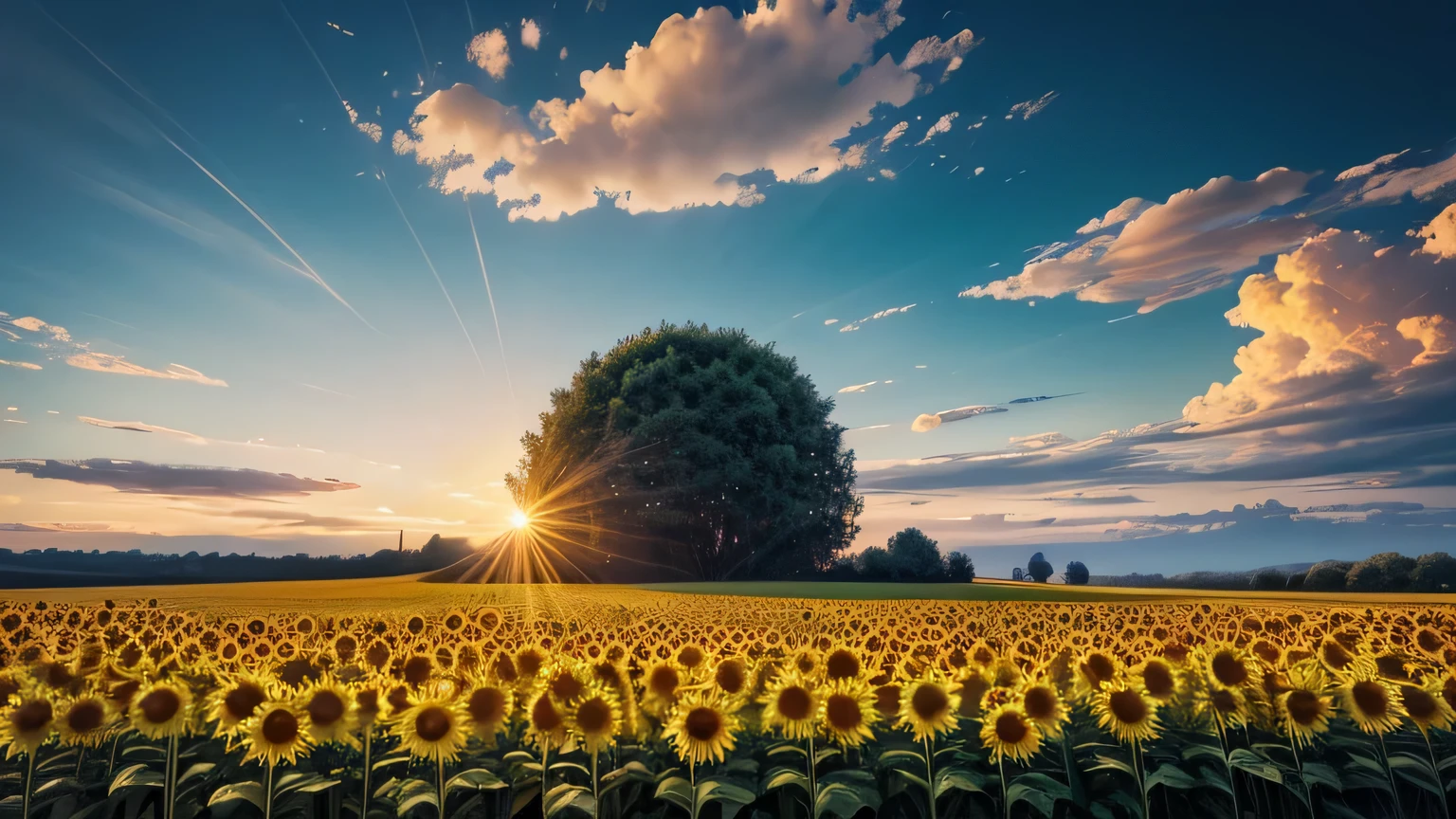 ultra wide angle, sunflower field, natural wonders, grow, overwhelming, panorama, (best configuration), (masterpiece), (highest quality), (Ultra high detail), intricate details, texture with intricate details, (highest quality )