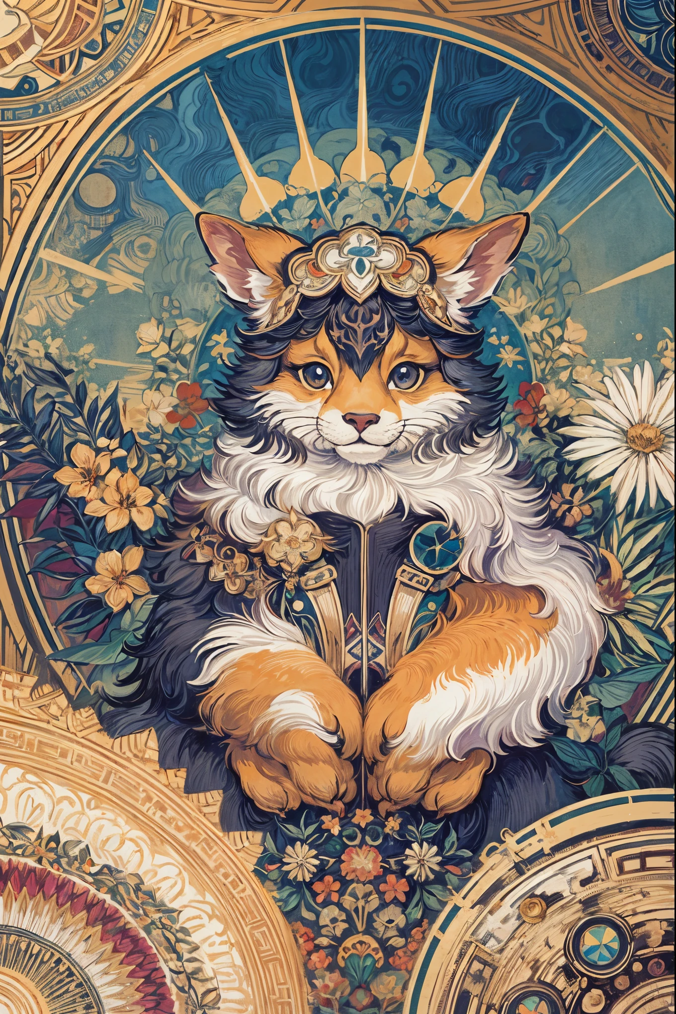 cover page, Perfume poster, kaleidoscope, rzminjourney, vector-art, High-quality illustrations by Alfons Mucha, masterpiece(kemono, furry anthro)logo mark, round, colorful flower,