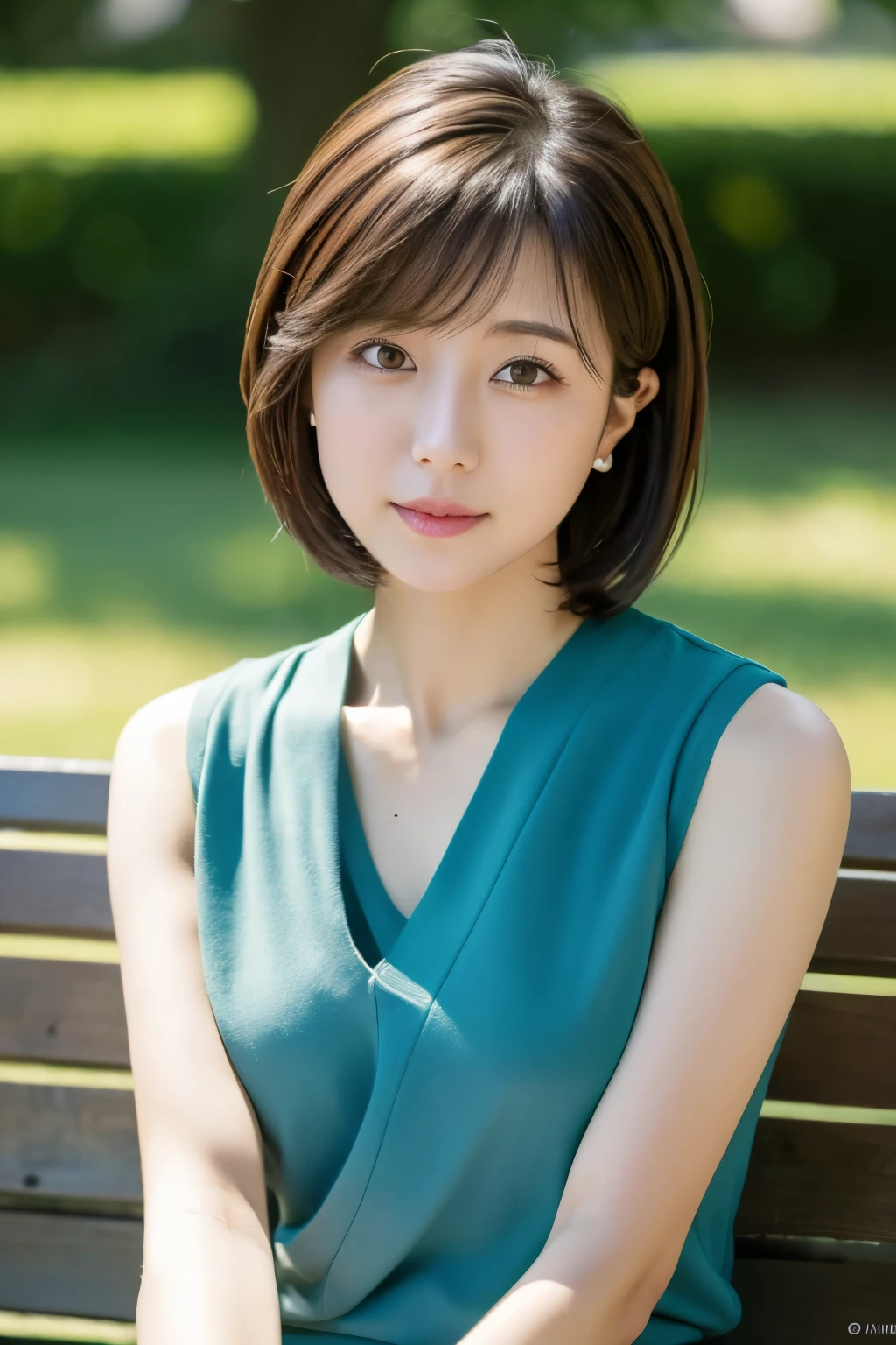 highest quality, High resolution, 8K, masterpiece, best pictures, thin japanese woman, 1 person, detailed and beautiful eyes, Super detailed, detailed face, photo from the waist up, on a park bench, sit straight facing forward, (short hair), (straight hair), Loose, sleeveless, thin sweater, small breasts, (view audience)