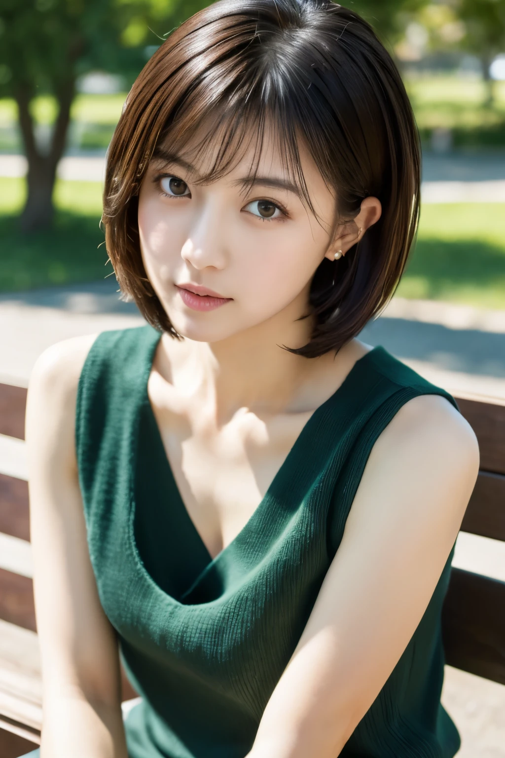 highest quality, High resolution, 8K, masterpiece, best pictures, thin japanese woman, 1 person, detailed and beautiful eyes, Super detailed, detailed face, photo from the waist up, on a park bench, sit straight facing forward, (short hair), (straight hair), Loose, sleeveless, thin sweater, small breasts, (view audience)