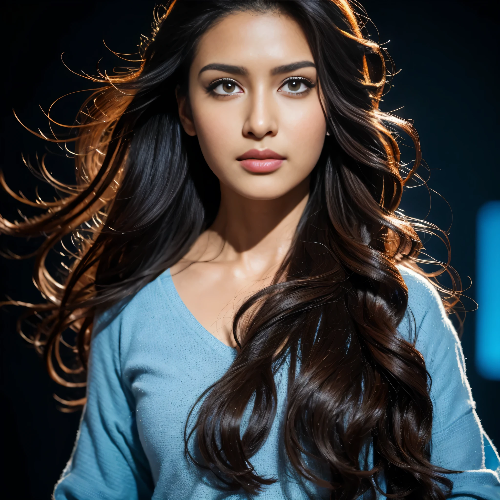 A confident-looking indian with long flowing hair, looking at viewer,hazel eyes, cyber background blue and red light, perfect composition, hyperrealistic, super detailed, 8k, high quality, trending on artstation, sharp focus, studio photo, intricate details,in the water fall