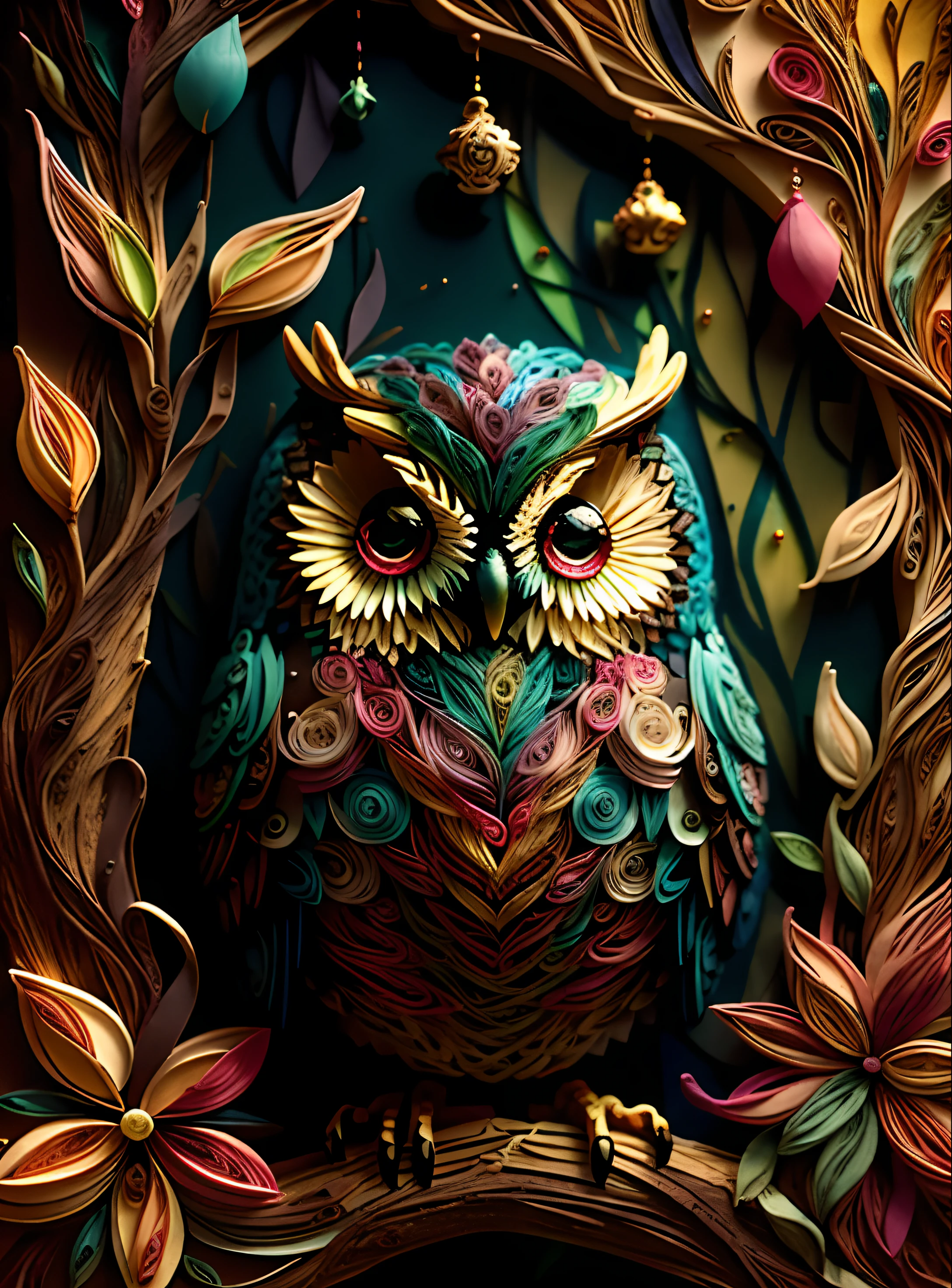 "Owl in the Enchanted Forest, Multidimensional quilling paper, Art Book, Chibi, yang08k, Beautiful, Colorful, Masterpieces, of the highest quality, Best Quality, Official art, Beautiful and aesthetic, (16k ultra-realistic)"