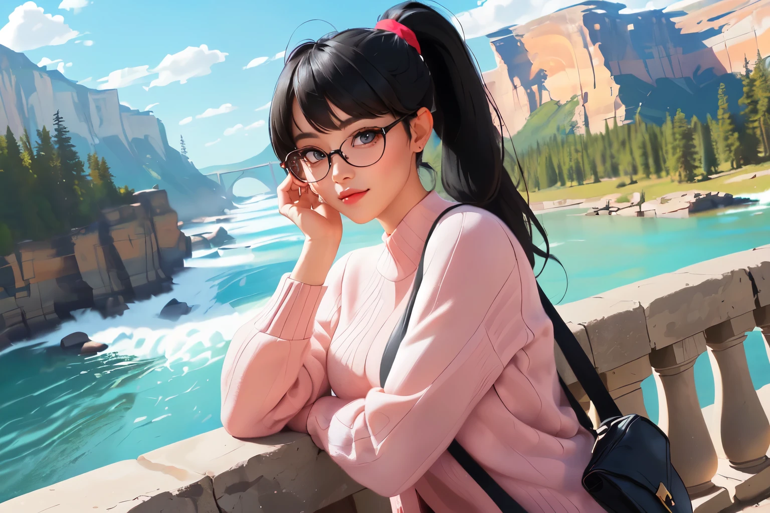 ((Wide angle)) Beautiful female tourist, black hair, ponytail, bangs, large glasses, smirk, ((wearing a preppy style outfit)), morning light, Athabasca Falls