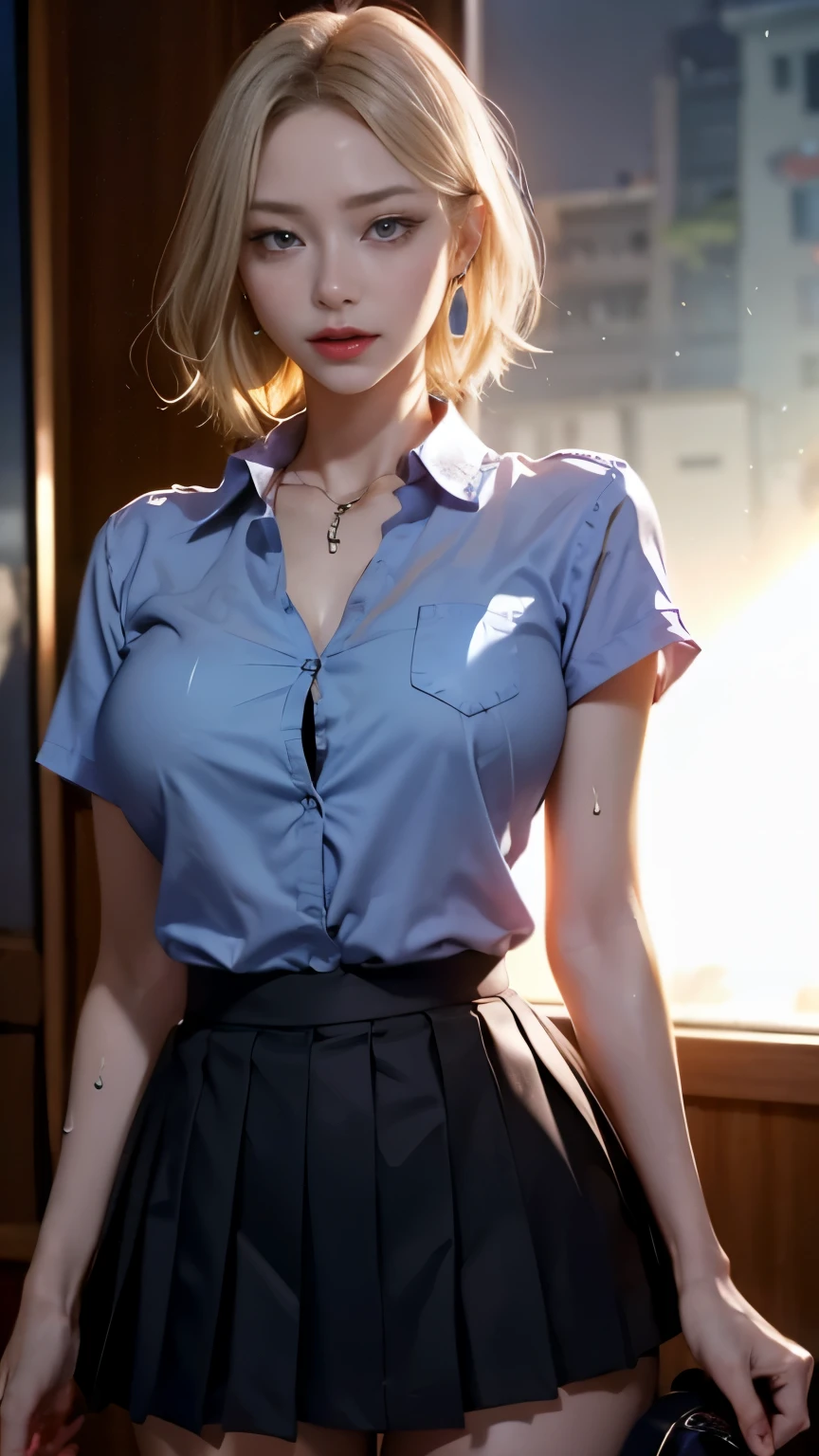 The 高いest quality, masterpiece, formal, Write like a horror movie、(key light:Front diagonal 45 degrees, fill light、Backlight、Shadow、blue and orange color palette), accurate human body、knowledgeable person、Correct five-finger、
(dripping sweat、oil skin,Sparkling肌、realistic skin texture、fine and beautiful skin、shiny skin、shiny skin)
(detailed pupil, perfect eyes:1.2), (Shiny clothes that reflect light and have many wrinkles:1.2), Sparkling, Sparklingした金色, (hoop earrings), necklace, glamorous perfect female proportions, enchanting smile, fine surface texture, 高い school girl、bewitching woman、dark color short hair、((big breasts)), big breastsの谷間、Game center at night、Inside a Japanese game center、、1 Gal、high school girl、high school clothes、White shirt and black pleated skirt、(black mask)