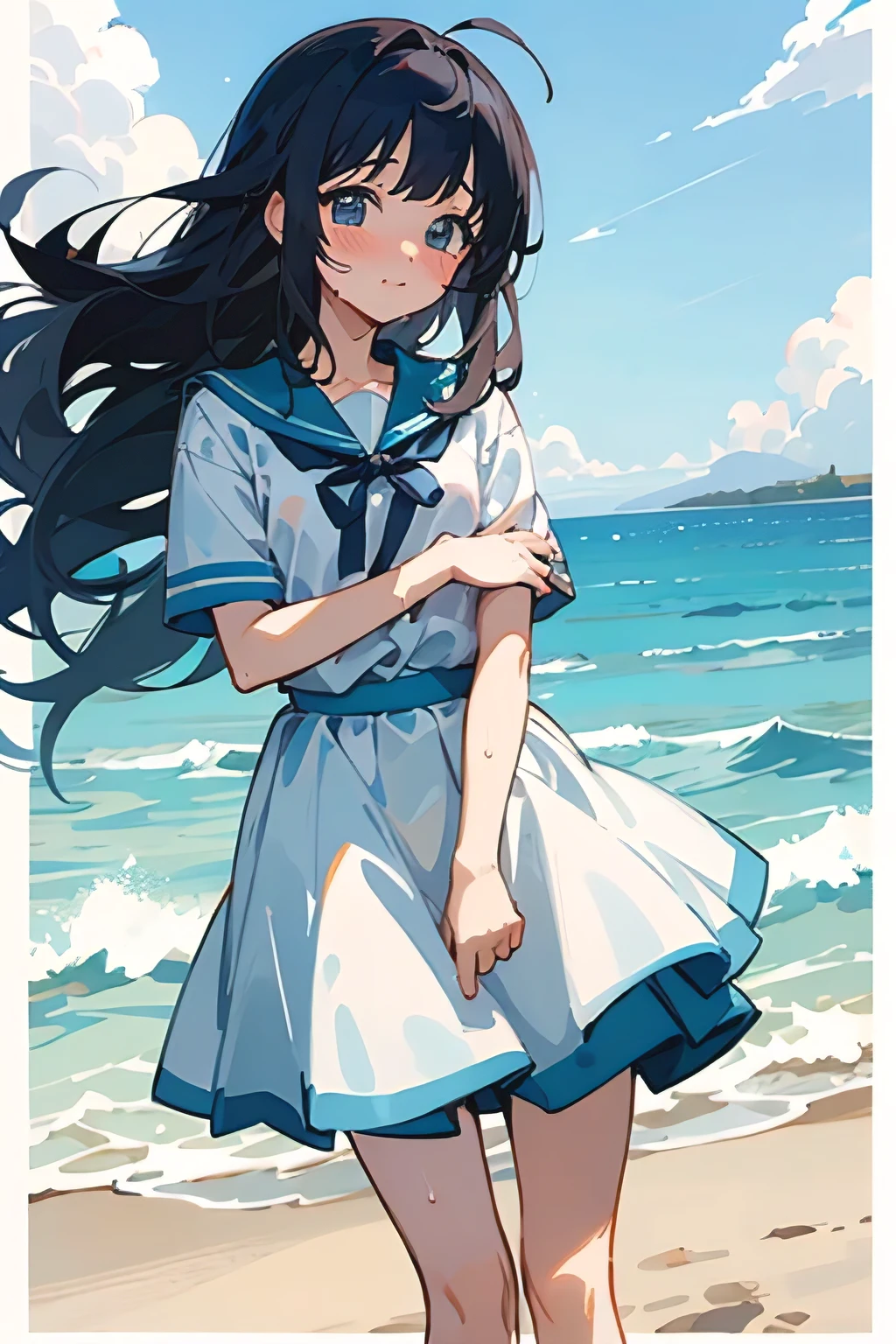 woman、childhood friend、Medium chest、black hair、middle hair、sandy beach、seaside、blue sky、sea breeze、blush、I'It's embarassing、Y-shirt、high school student、cute、anime style、chest ribbon、bright、wet hair、It'Transparent、untied hair、((highest quality))、((masterpiece))、((8K))、