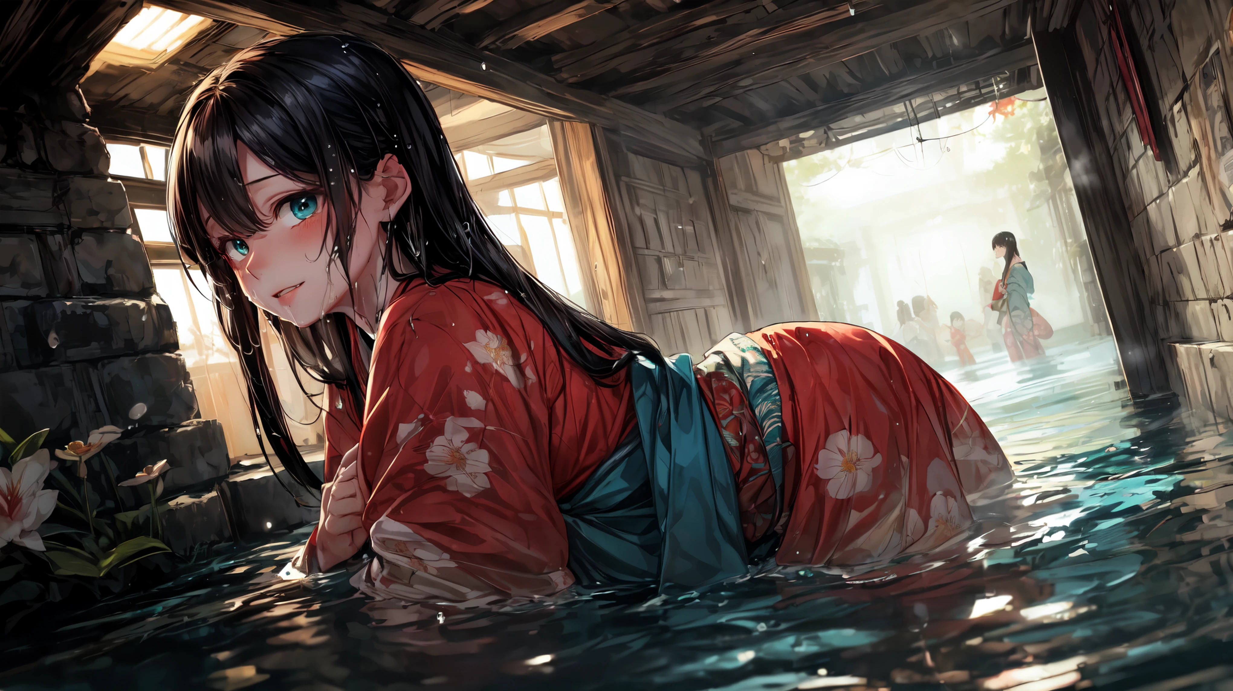 princess azula, evening, sunset, looking at viewer, cleavage, red satin robes, clothed bathing, girl floating above the water, palace, temple, fire, lava, red glowing, smug face (NSFW 1.1)