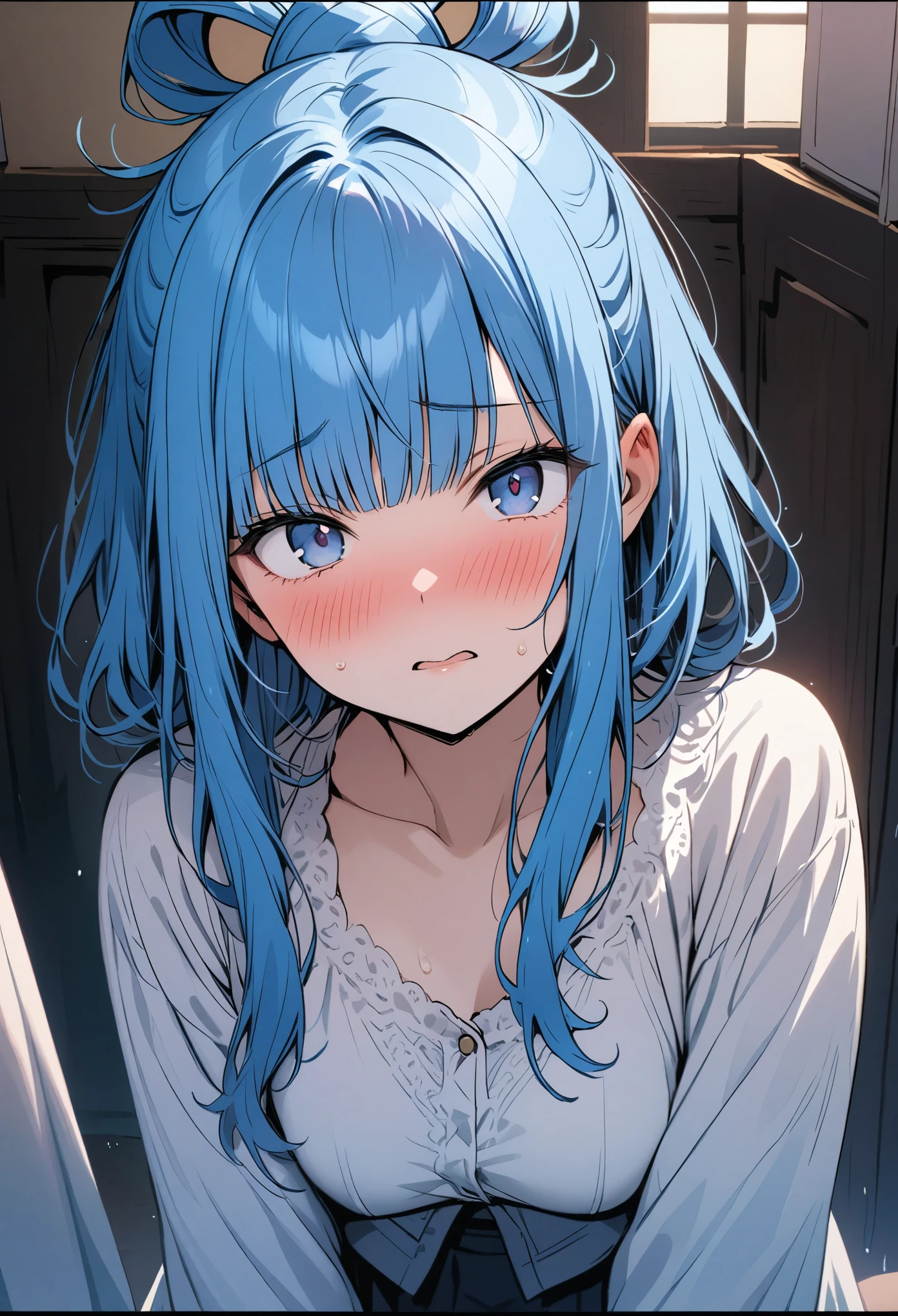 1girl, Holo-Punk Style, masterpiece, best quality, ahg, rolling eyes, tongue out, indoors, blue hair, side swept