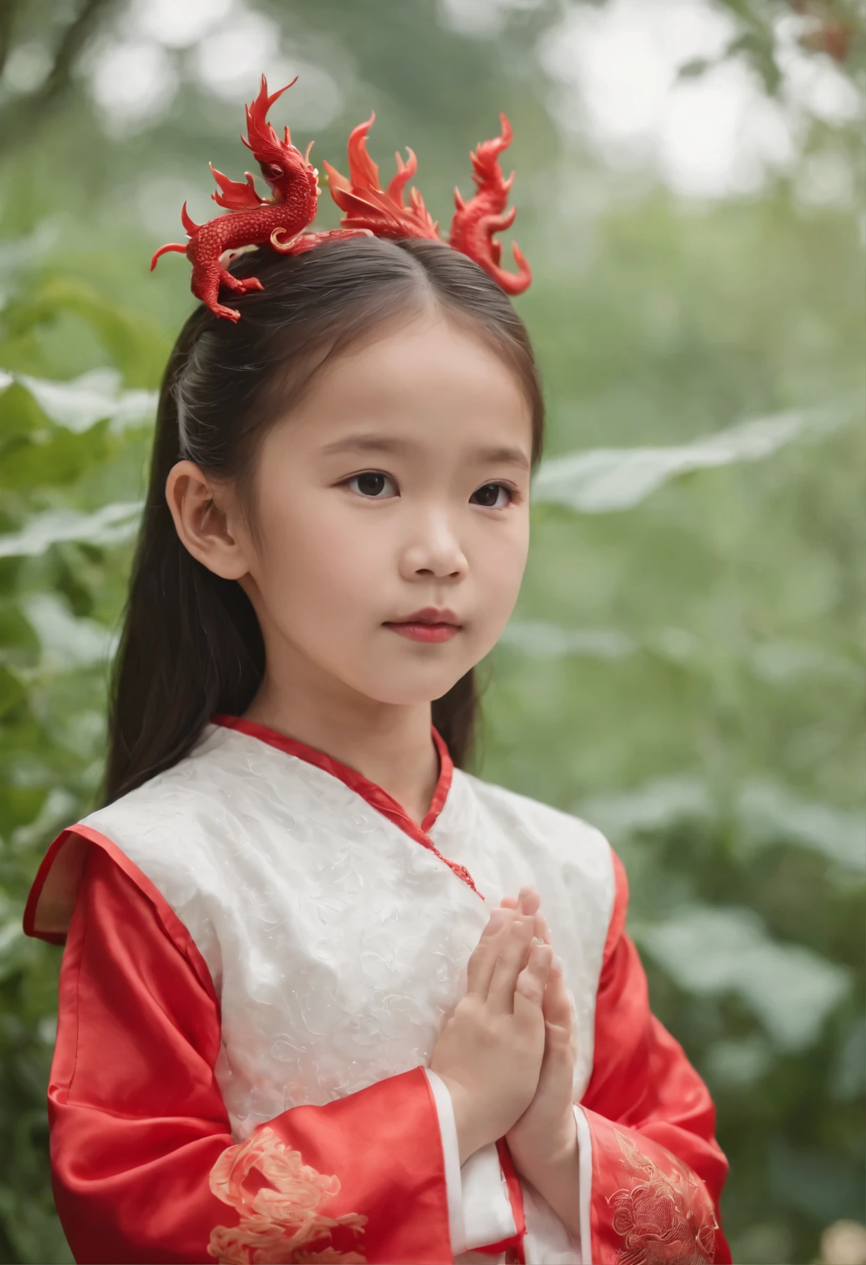 Chinese four-year-old daughter wears white dress,she is in the garden,HD resolution,Behind her is a red Chinese dragon