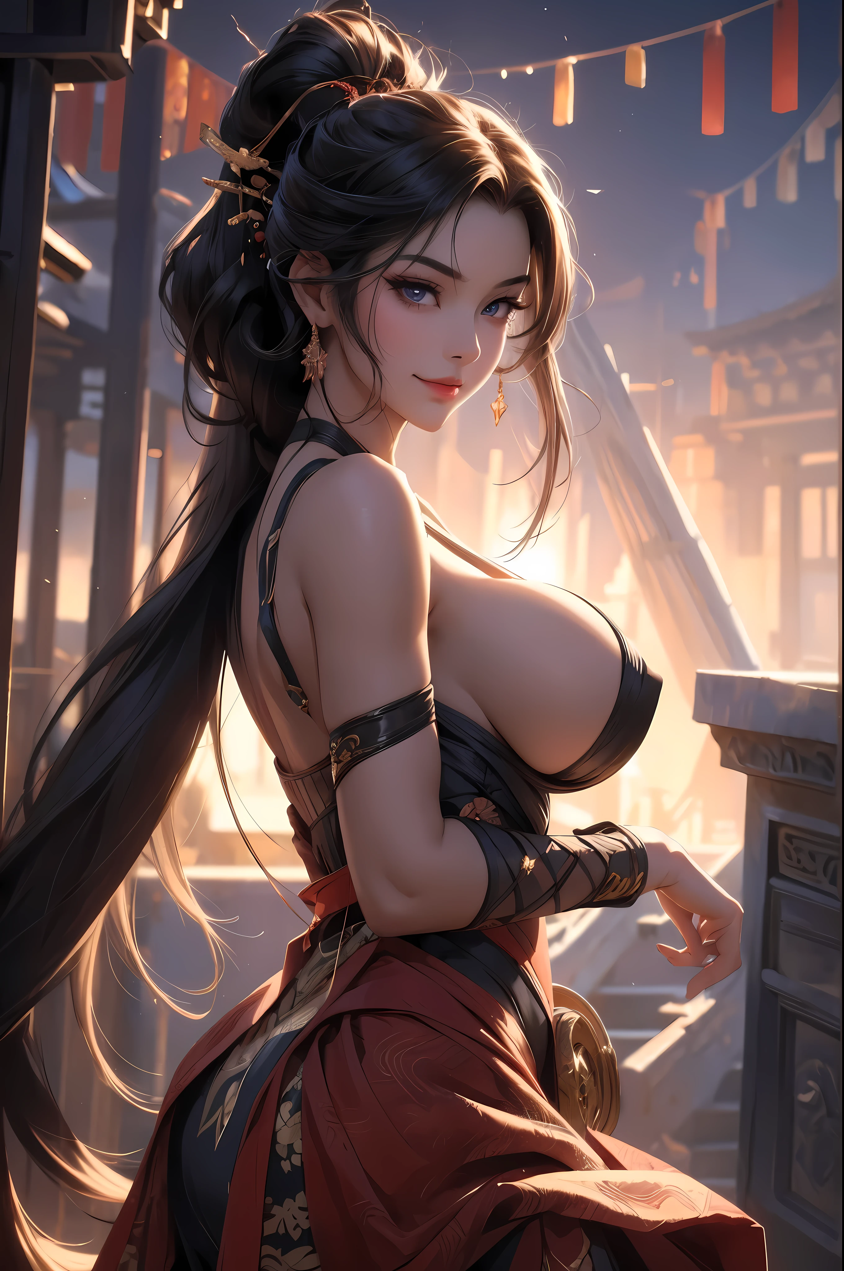 Open your lips and smile widely, Beautiful animated full body glamor portrait of Kunoichi, goddess, huge tits, mischievous smile, Looking lovingly at the viewer, Long hair in a ponytail, black hair, amazing purple eyes, smokey eye makeup, anatomically correct, Mid-20s, posing for the camera in a very detailed hidden lagoon, mountain background, standing attack posture, Ahh. studio lighting, detailed skin, extremist, realistic, sharp features, very detailed. sharp focus, natural skin, natural skin texture, underground spawning, muted colors, skin pores, perfect face, perfect eyes, perfect lips, flexible female form, vivid, cinematic, film light, very detailed, Hyper-realistic, masterpiece, atmosphere, high resolution, vibrant, high contrast, dark angle, 8 thousand, HDR, 500px,