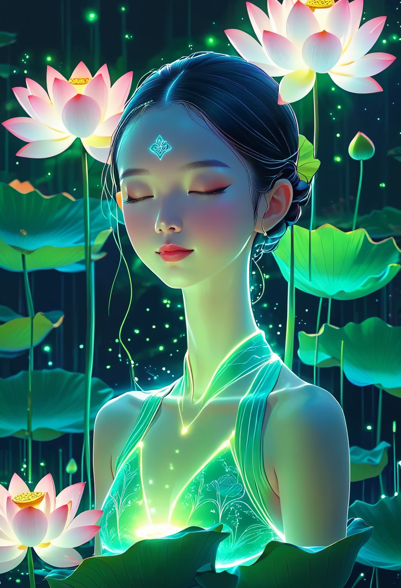 (masterpiece, best quality:1.2), In digital art style, charming illustration,peaceful picture，1 girl, tall lotus，alone，body glow，Glowing lines，fluorescence,glow example，Example tracking，flash，萤light particles，Backlight，Translucent，light particles，Correct human anatomy，