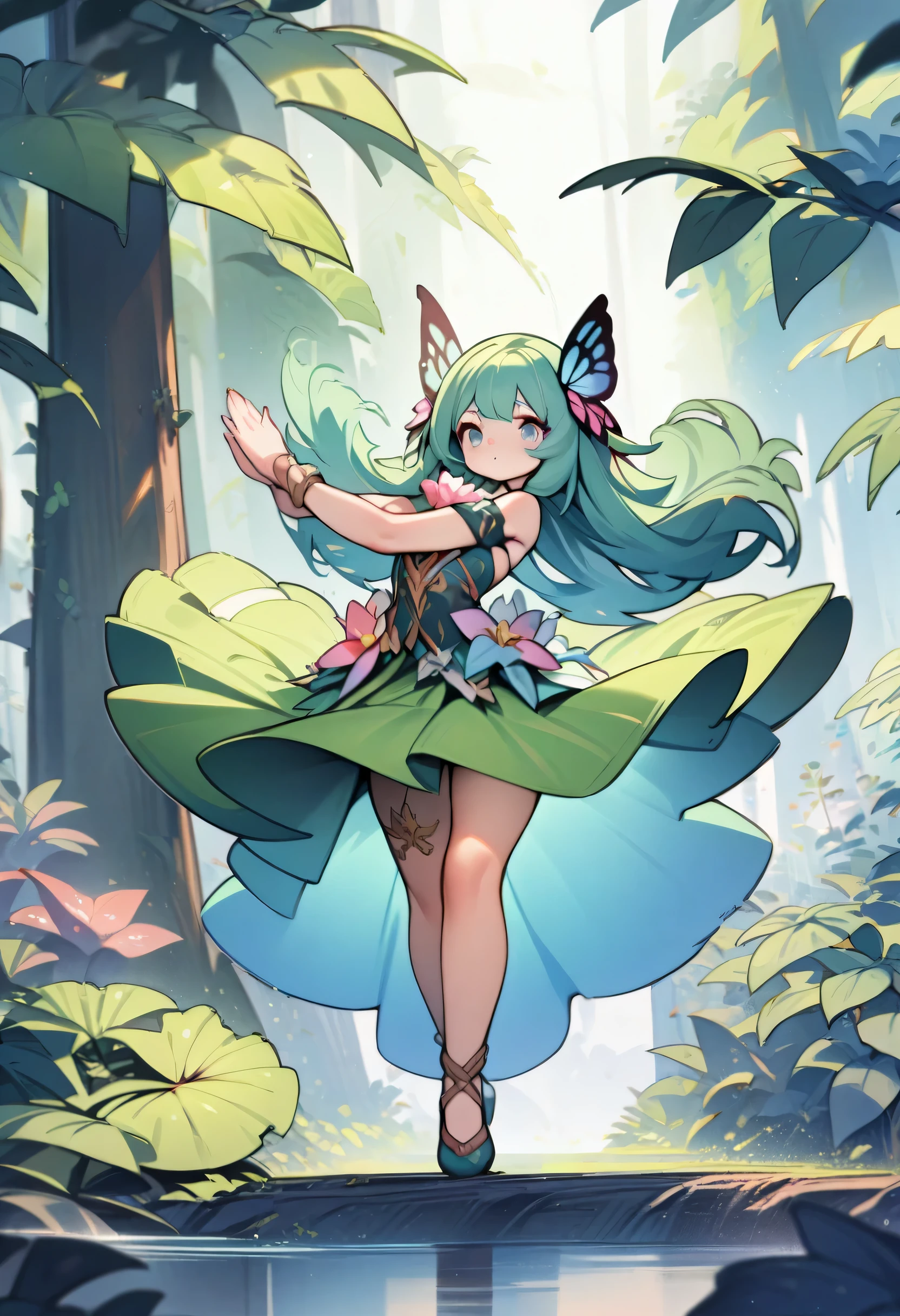 1 girl, Surrounded by large-leaved plants, Wear flower accessories, (ancient forest), (long hair) puberty, young girl, bright outline,butterfly dance, surrealistic,(masterpiece,best quality:1.2)