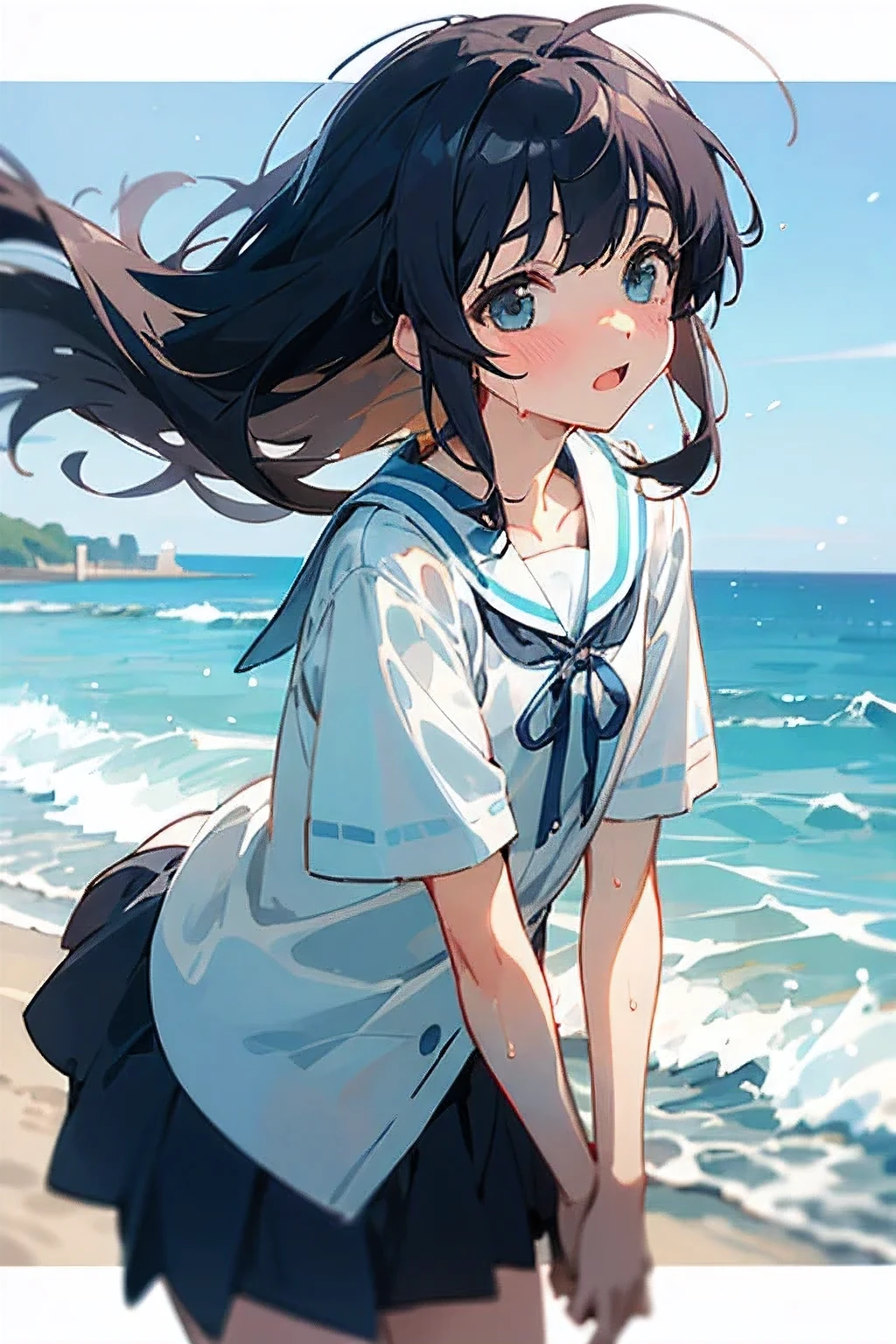 woman、childhood friend、Medium chest、black hair、middle hair、sandy beach、seaside、blue sky、sea breeze、blush、I&#39;It&#39;s embarassing、Y-shirt、high school student、cute、anime style、chest ribbon、bright、wet hair、It&#39;Transparent、untied hair、From the side((highest quality))、((masterpiece))、((8K))、