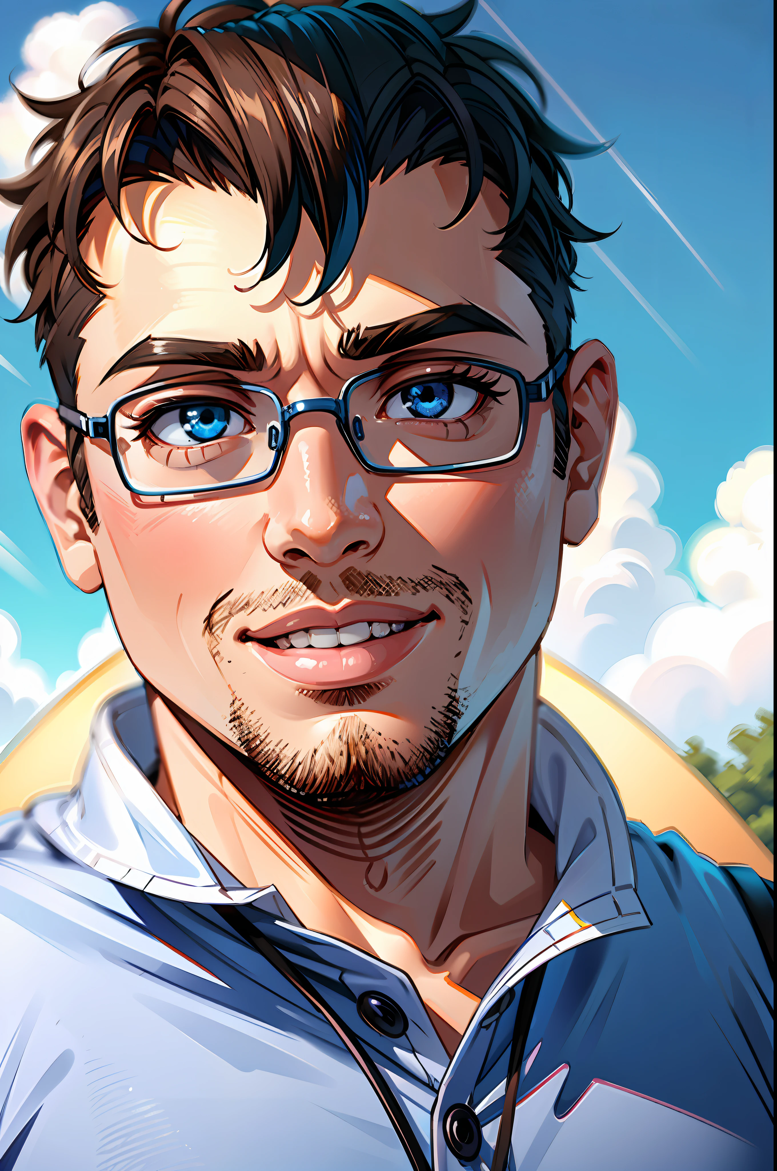 (obra de arte),(Melhor qualidade:1.0), (Ultra high resolution:1.0), detailed illustration, 8k, 1 menino, menino anime, gordinho, gordo, camiseta azul vestida, sorridente, rosto detalhado, rosto perfeito, olhos de anime, olhos detalhados, olhos castanhos, brilho nos olhos, cabelo detalhado, cabelo preto curto, Destaques de cabelo, muito detalhado, Estilo Anime, luz suave