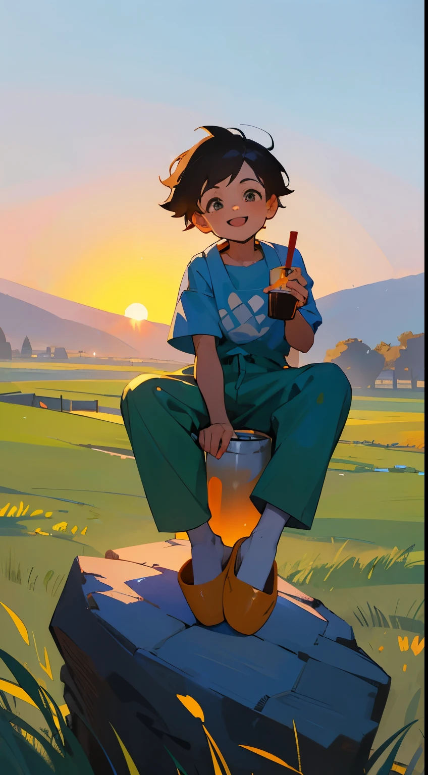 A happy little boy,Dressed in half paint and sirt ,Wear slippers,Sit on the rocks of the meadow,The background is the village,There is a cute little dog next to it,Sunset and sunset,Boy drinking milk tea,Face the camera,Full body photo,Ultra-high definition