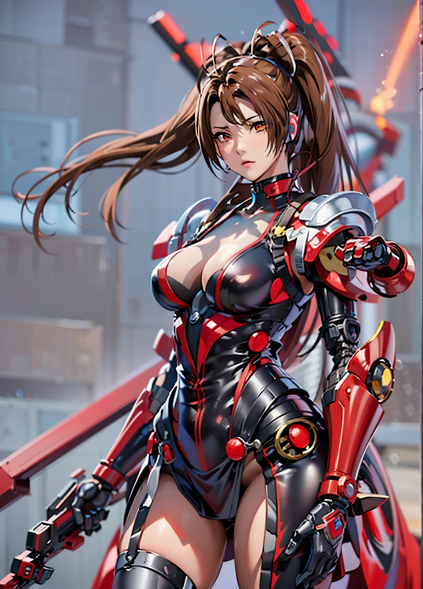 girl 1、highest quality、masterpiece、超A high resolution、Arad woman in futuristic suit with red mechanical wings and sword, A girl wearing a black shiny mechanical cyber armor.., cyberpunk anime girl mecha, anime robotと有機物が混ざり合う, Mechanized Black Valkyrie Girl, perfect anime cyborg woman, cute cyborg girl, female mecha, A simple futuristic cyborg, beautiful girl cyborg, beautiful robot character design,((Super realistic details)), Realistic character art rendering 8K, anime robot、(red glowing eyes)、have a sword、((mai shiranui))、long and high ponytail、((mechanical dress:1.3))、((attack posture:1.6))、4k、(((highest quality)))、(((mechanical headgear:1.3)))、(((very well-groomed face:1.3)))、(((No expression)))、(((cyber headphones:1.3)))、(((long ear antenna:1.6)))、(((Anime related)))、(((Eyes of the machine glowing red:1.3)))