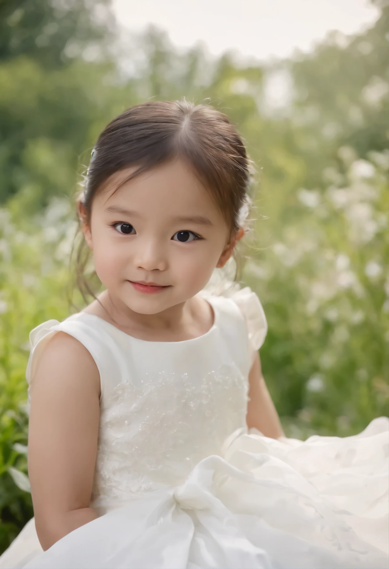 Chinese four-year-old daughter wears white dress，she is in the garden，HD resolution，She has big eyes，very beautiful，she smiles，Behind him is a red Chinese dragon