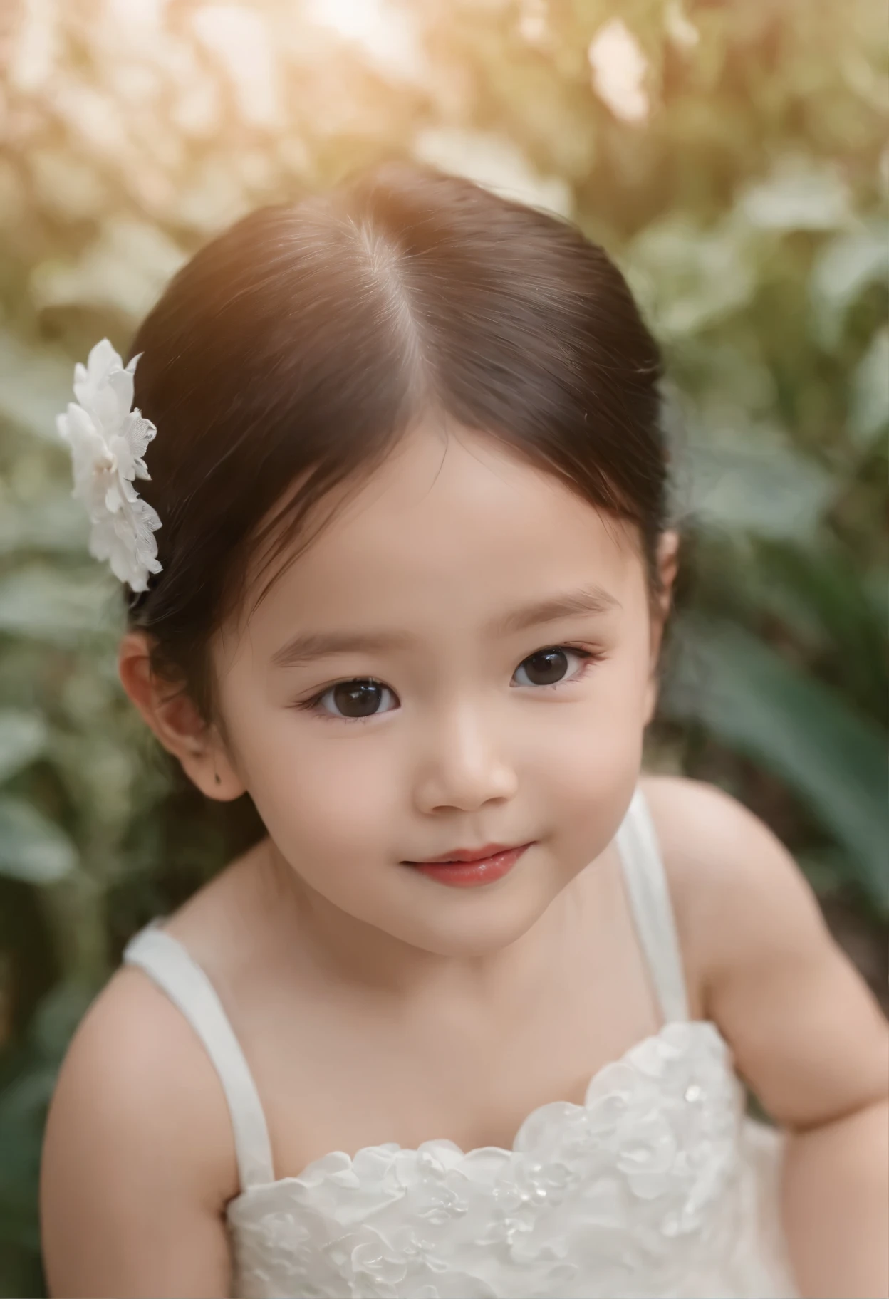 Chinese -year daugr wears white dress，she is in the garden，HD resolution，She has big eyes，very beautiful，she smiles，Behind him is a red Chinese dragon