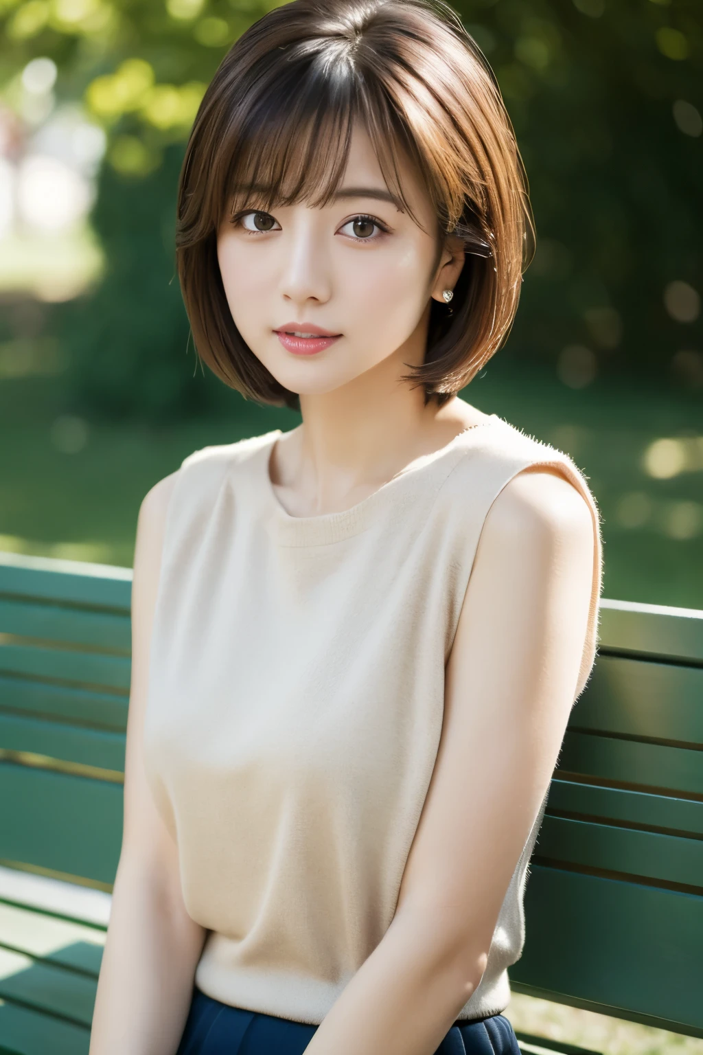 highest quality, High resolution, 8K, masterpiece, best pictures, thin japanese woman, 1 person, detailed and beautiful eyes, Super detailed, detailed face, photo from the waist up, on a park bench, sit straight facing forward, (short hair), (straight hair), Sleeveless thin sweater with a loose fit around the chest, small breasts, (view audience)