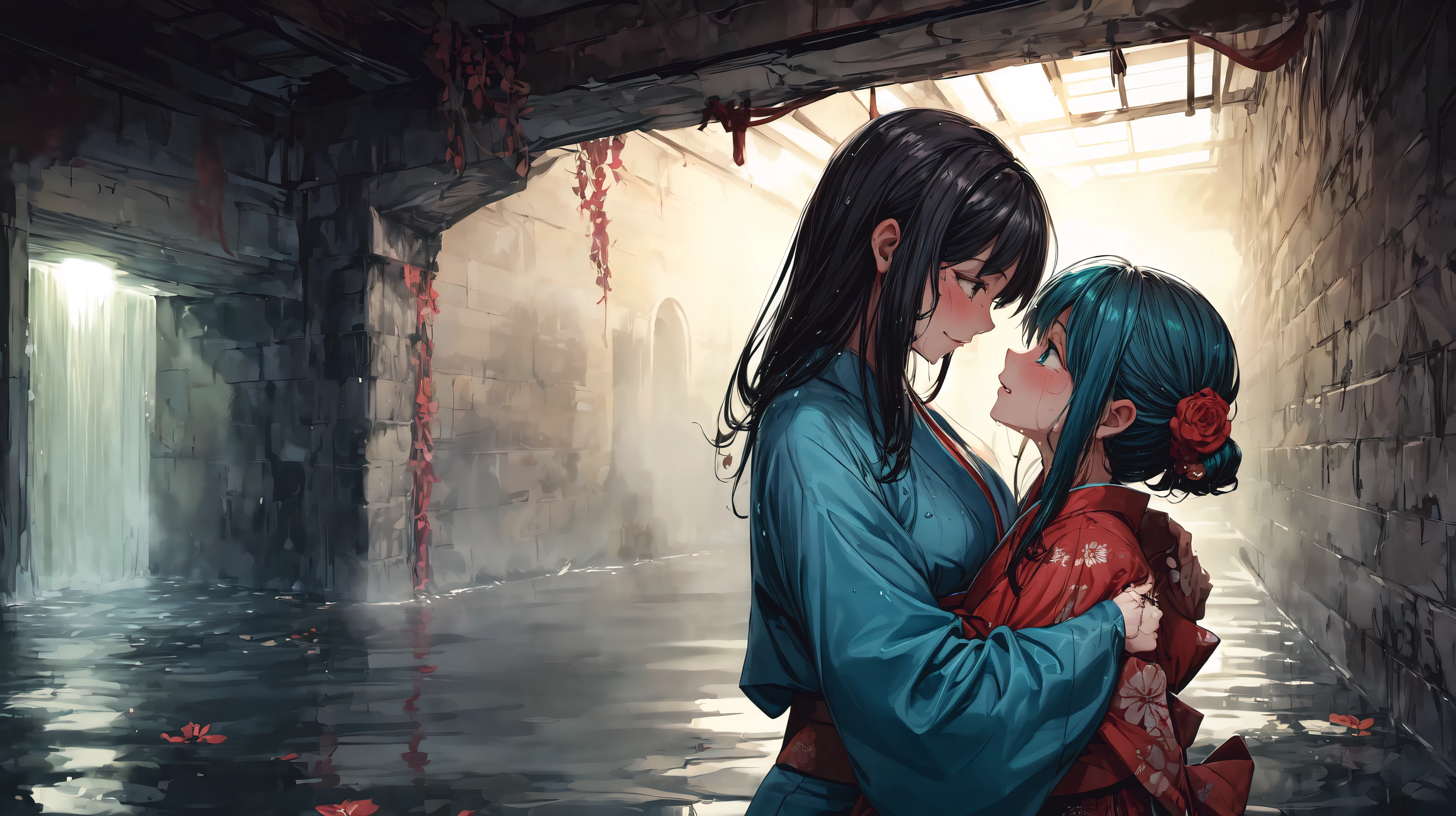 super quality, High resolution, intricate details, panoramic, Dutch Cape, (2 ) wear (Flower kimono), cotton kimono, (Red and cyan kimono:1.15), (Very big kimono, Yamato clothing sleeves, best cotton texture, Best Wrinkles on a Kimono), (Yuri, lesbian), (kiss, deep kiss, Embrace, gender:1.2), whole body, beautiful eyes, (Partially submerged:1.1),Part of the kimono in the water, (squirt, water column:1.1) (wet, very wet kimono, wet body, wet long black hair, wet kimono sleeve, wet kimono drees, wet skin:1.1), (clear mucus wrap, water droplets), immerse in water, Poignant and poignant, Smiling in despair, smile in sadness, Keep your mouth shut, (Beautiful and delicate water:1.1), (dark dungeon, 黑暗潮wet水牢, hermetic space:1.15), (a), dark light, light source, (An atmosphere of despair:1.15), (water mist), Inspired by the manga of Itcho Hanaya, pixiv contest winners, Ukiyo-e, Ukiyo-e art style, Ukiyo-e style, Japanese art style, Japanese illustrator,