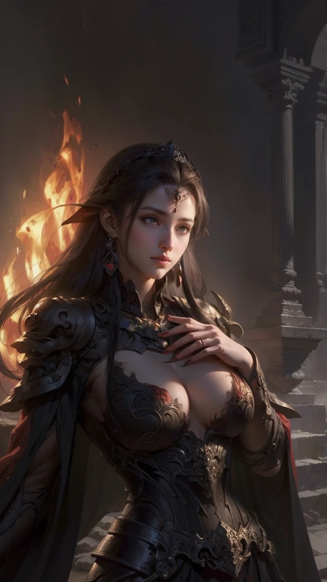 beautiful detailed background, octane rendering, 8K, best quality, masterpiece, illustration, extremely delicate and beautiful, detailed,extremely detailed,CG,Unite,wallpaper,Astonishing, fine details, realistic art: 1.2 ,masterpiece, best quality, official art, extremely detailed CG Unite 8K wallpaper,1 girl, (((black long straight hair,))), dark Knight,Red eyes,pretty face, Upper body,(Black armor and red robe,) looking at the scenery, Realistic photos,evil smile,
(hiqcgbody) ,perfect female figure,earrings,Willow Yao, (looking at the scenery), Tempting,reputation,(fire,indoor,ruins)