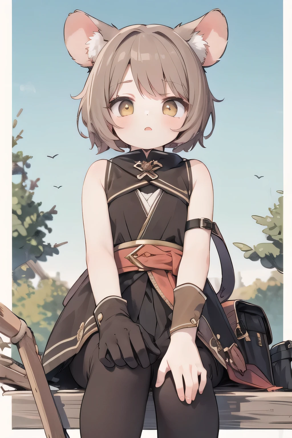 girl, Mouse ears, mouse tail, yellow eyes, brown hair, adventurer, steal, cute,