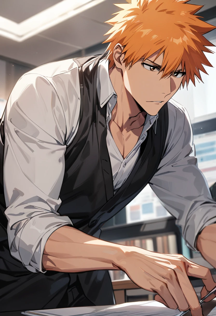 1boy, male focus, kurosaki ichigo, bleach, working in office, indoor, masterpiece, best quality, very aesthetic, perfect composition, intricate details, ultra-detailed