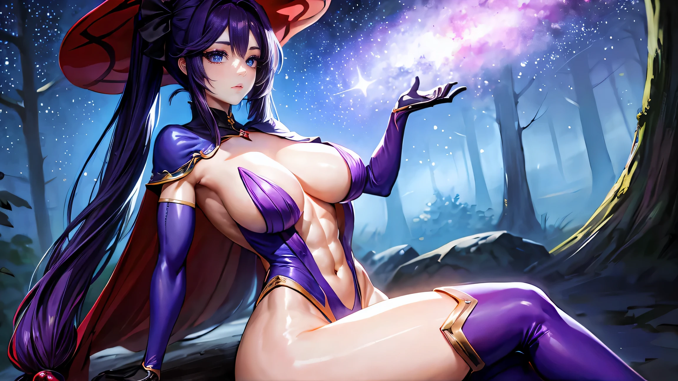(masterpiece:1.2), (best quality:1.3), 8K, wallpaper, depth of field, beautiful detailed eyes , Concept art, cute face , smile for photo ,beautiful anime scene, beautiful anime scenery, 1girl, beautiful girl, mona, blue eyes, hair between eyes, twintails, very long hair, purple hair, hat, (large breast:1.1), witch hat, black bodysuit, black gloves, blue sleeves, bodysuit, capelet, covered navel, detached sleeves, gloves, high heels, leotard, long hair, long sleeves, multicolored sleeves, purple capelet, purple sleeves, strapless, strapless leotard, ((large breasts:1.2)), (muscle body :1.2) , show abs , sitting side leaning sexy, sitting on a tree trunk in the middle of a forest at night , (night beautiful starry sky:1.2) .