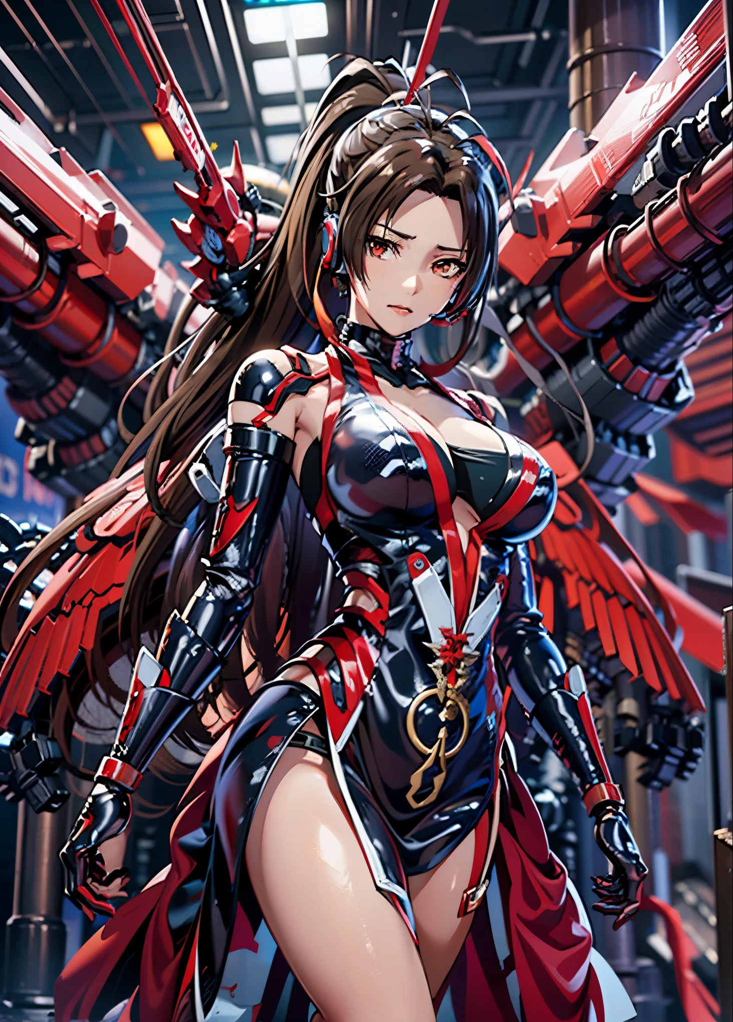 girl 1、highest quality、masterpiece、超A high resolution、Arad woman in futuristic suit with red mechanical wings and sword, A girl wearing a black shiny mechanical cyber armor.., cyberpunk anime girl mecha, anime robotと有機物が混ざり合う, Mechanized Black Valkyrie Girl, perfect anime cyborg woman, cute cyborg girl, female mecha, A simple futuristic cyborg, beautiful girl cyborg, beautiful robot character design,((Super realistic details)), Realistic character art rendering 8K, anime robot、(red glowing eyes)、have a sword、((mai shiranui))、long and high ponytail、((mechanical dress:1.3))、((attack posture:1.6))、4k、(((highest quality)))、(((mechanical headgear:1.3)))、(((very well-groomed face:1.3)))、(((No expression)))、(((cyber headphones:1.3)))、(((long ear antenna:1.6)))、(((Anime related)))、(((Eyes of the machine glowing red:1.3)))